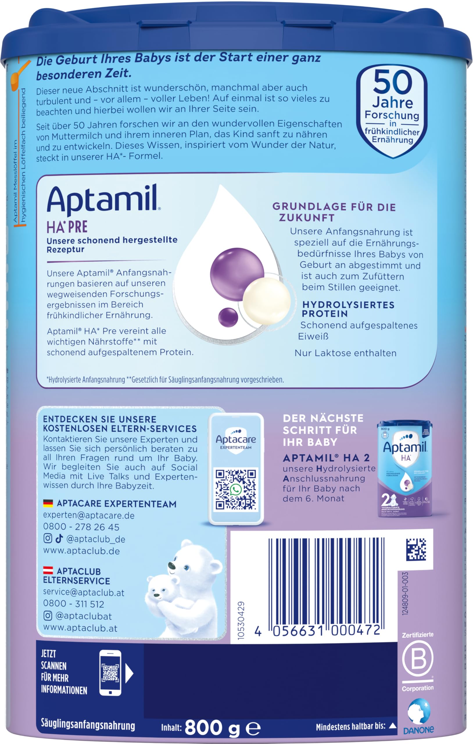 Aptamil HA PRE – Anfangsmilch von Geburt an, Mit DHA, Nur Laktose, Ohne Palmöl, Babynahrung, Milchpulver, 1 x 800 g