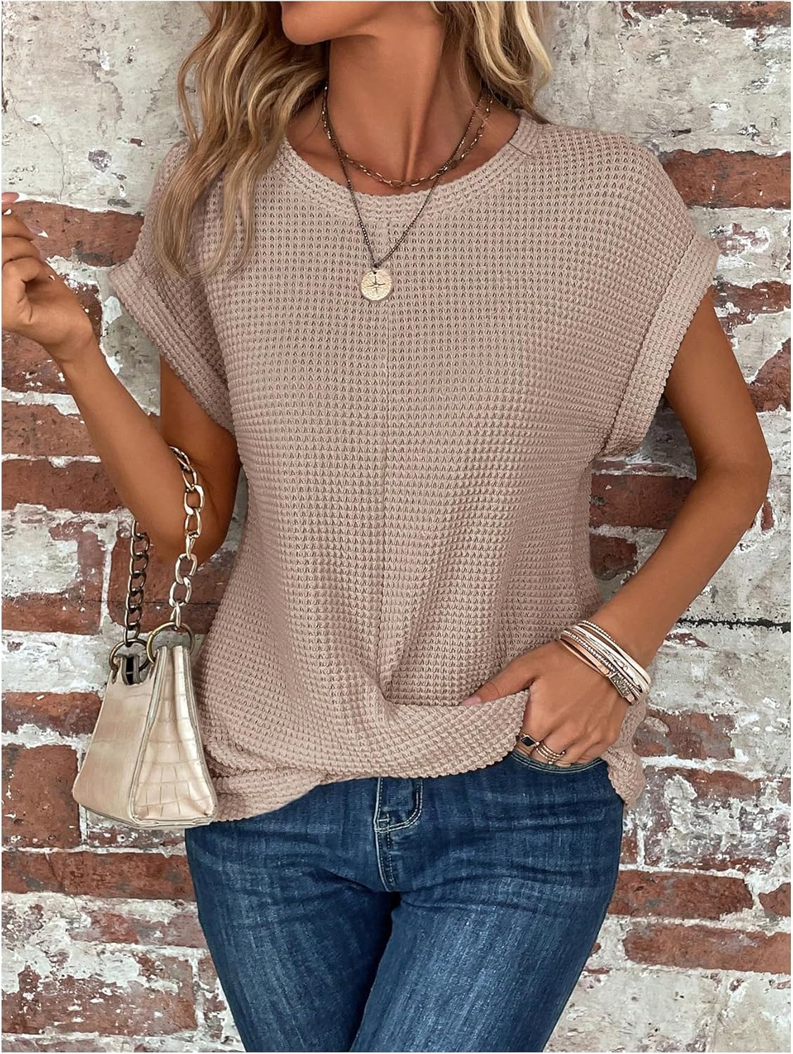 Women's Twist Front T Shirt Short Cap Sleeve Crew Neck Summer Waffle Knit Casual Tee Tops - Image 4