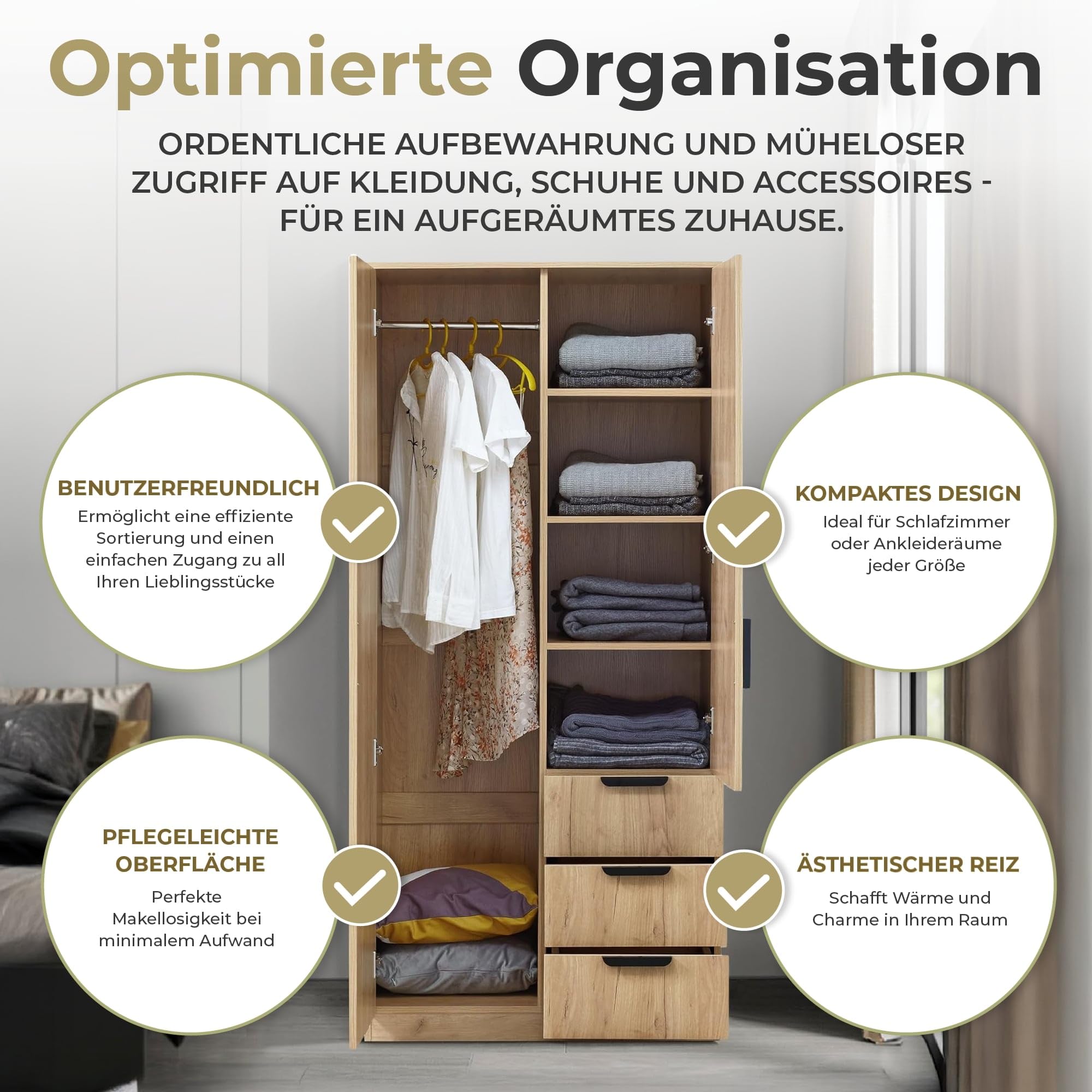 Kleiderschrank Eiselfing mit 2 Türen 176 x 80 x 52 cm Eicheoptik 1 Kleiderstange 4 Fächer 3 Schubladen