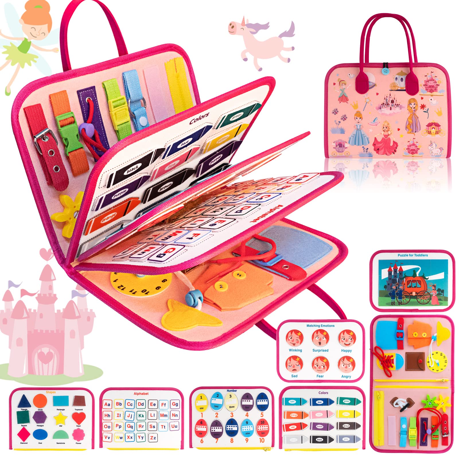 Busy Board for Toddlers,Montessori Sensory Toys Gifts Preschool Educational Learning Board Travel Quiet Book for Car Plane Basic Dress Skills Fine Motor Activity Boards for 1-3 4 5 6 Year Old Pink