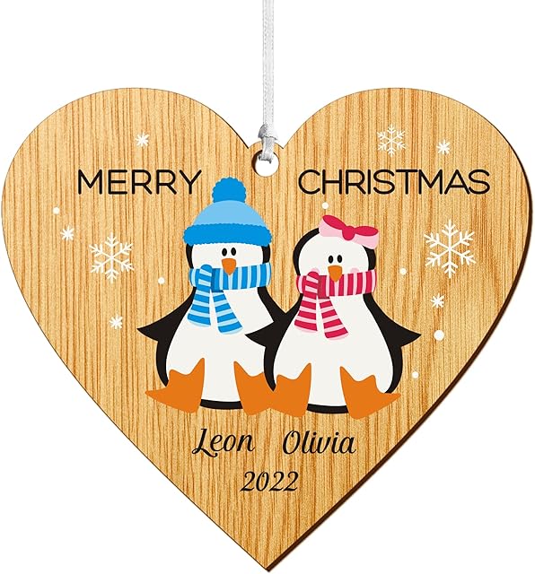 Personalised Christmas Baubles Christmas Tree Decorations Custom 2022 Xmas Family Tree Bauble UV Print Wood Xmas Hanging Ornaments Tree Bauble Decoration (Heart Family of 2)