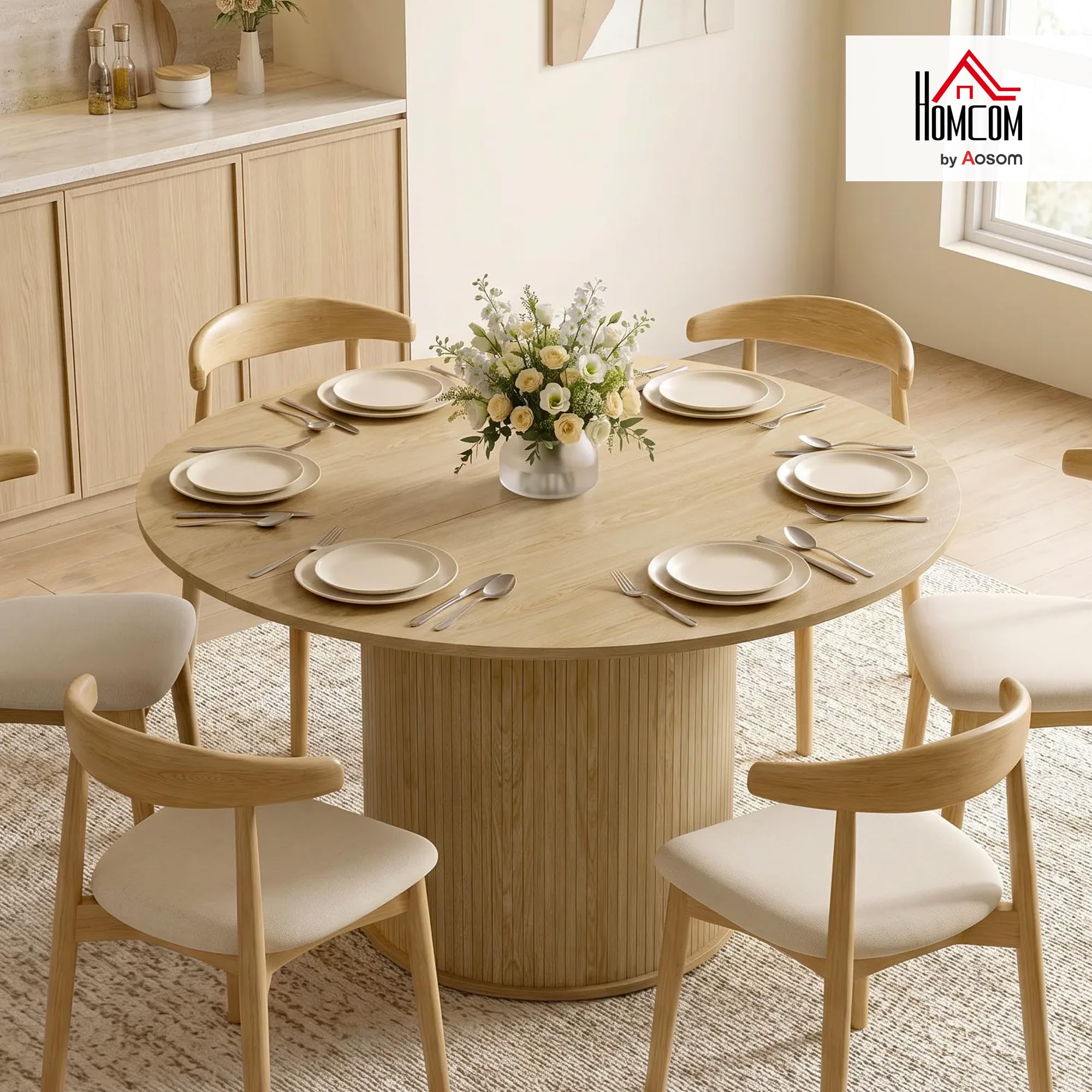 HOMCOM Table à Manger Ronde pour 4-6 Personnes Ø 120 x 75 cm Bois Naturel | Table de Cuisine Moderne, Large Plateau, Base Cylindrique Cannelée, pour Salon, Salle à Manger