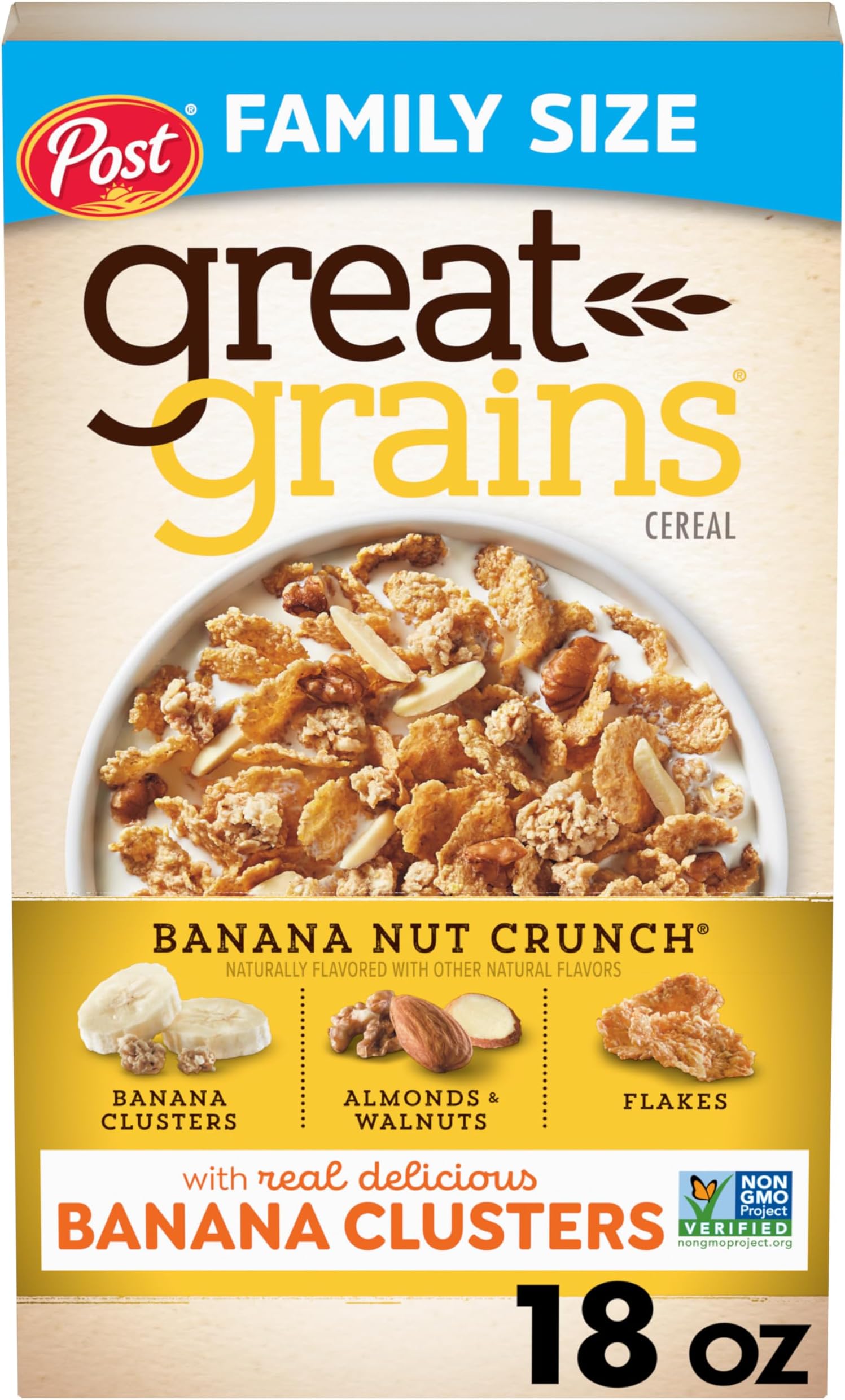 Post Great Grains Banana Nut Crunch Breakfast Cereal, Non GMO Project Verified, Heart Healthy, Low Saturated Fat, Whole Grain Cereal, 18 Ounce