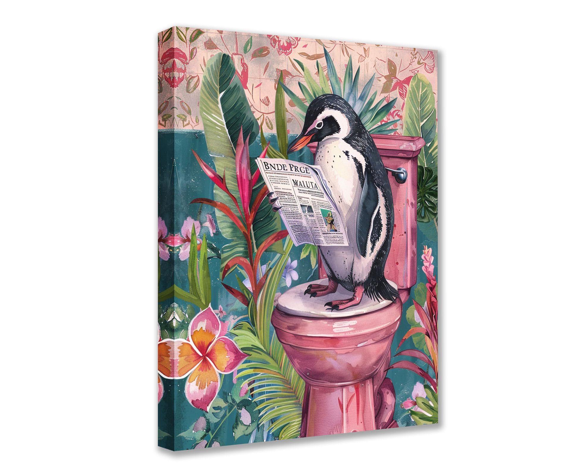 Tucocoo Penguin on Toilet Canvas Wall Art Animal Read Newspaper Picture 1P Tropical Plant Posters Prints Cute Modern Artwork for Living Room Bedroom Home Decor Framed Gallery-Wrapped Ready to Hang