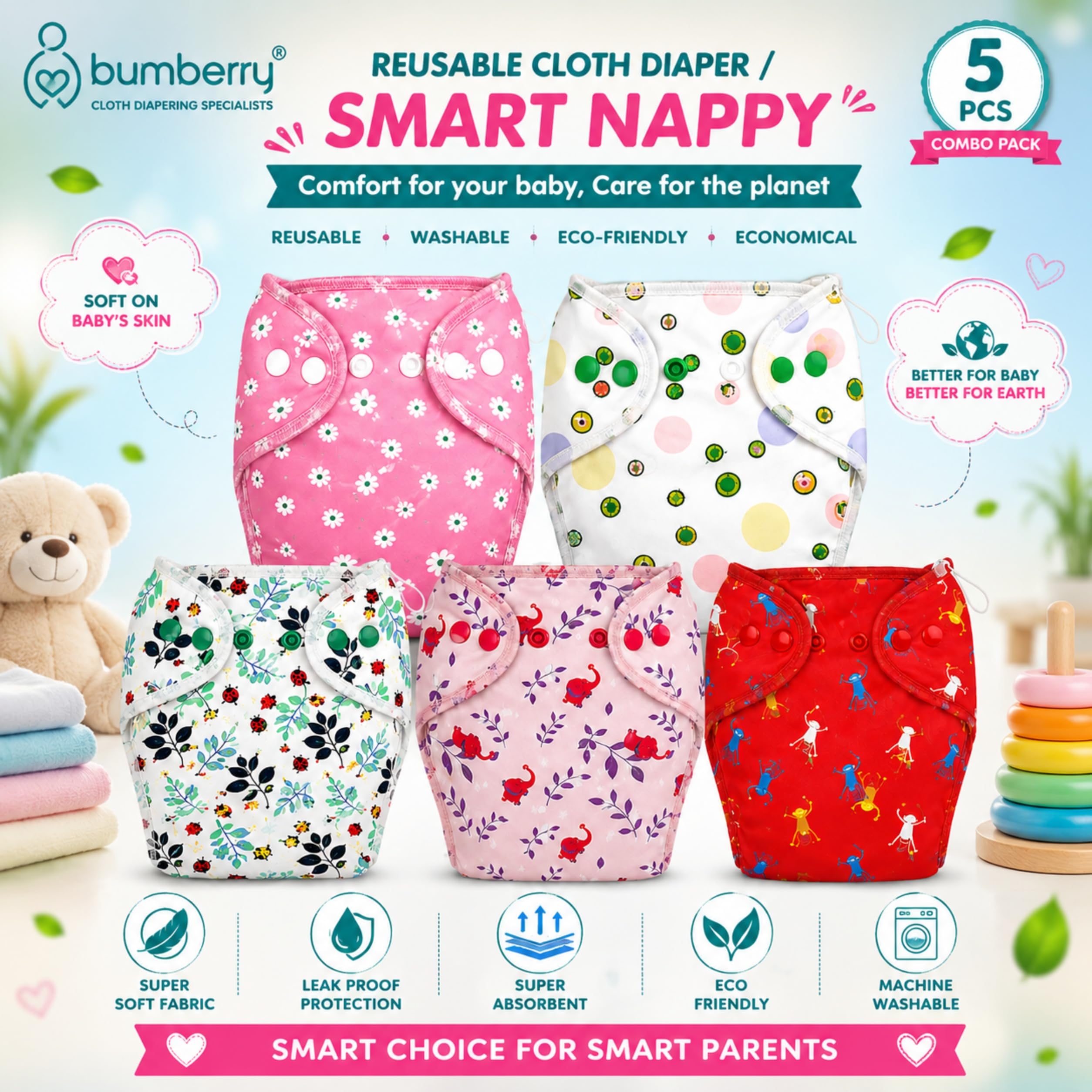 Bumberry New & Improved Smart Nappy Cloth Diaper for Newborn Baby | LXL | 10 - 18 Months | Reusable & Washable Baby Diaper | Extra Absorbent, Leak Protection, Stay Dry & Soft | Holds Up to 3 Pees | Pack of 5 ,Kit 2 3