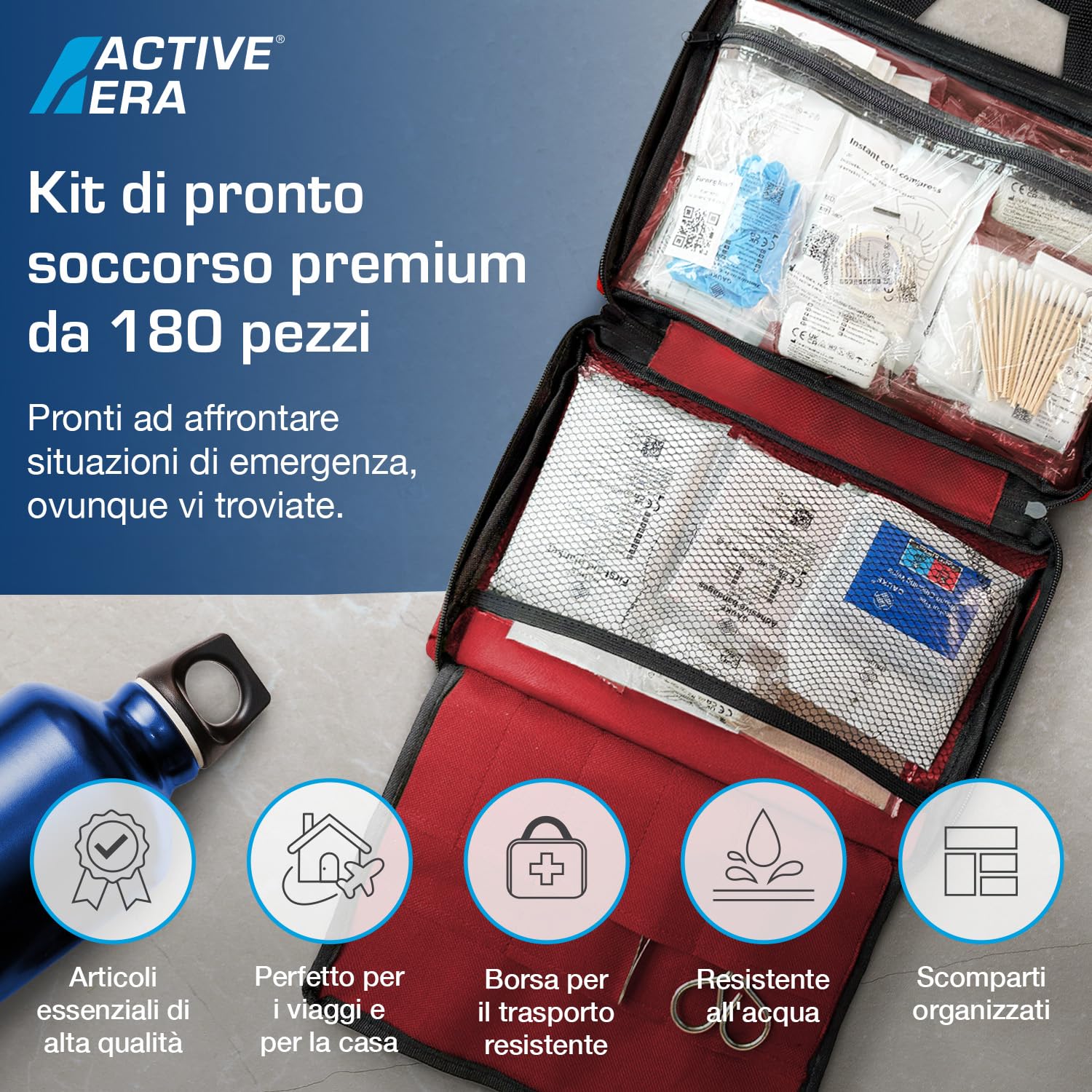 Active Era Kit di primo soccorso Premium 180 pezzi, con lavaggio oculare, 2 impacchi freddi (ghiaccio) e coperta di emergenza per auto, casa, ufficio, camper, lavoro e viaggi