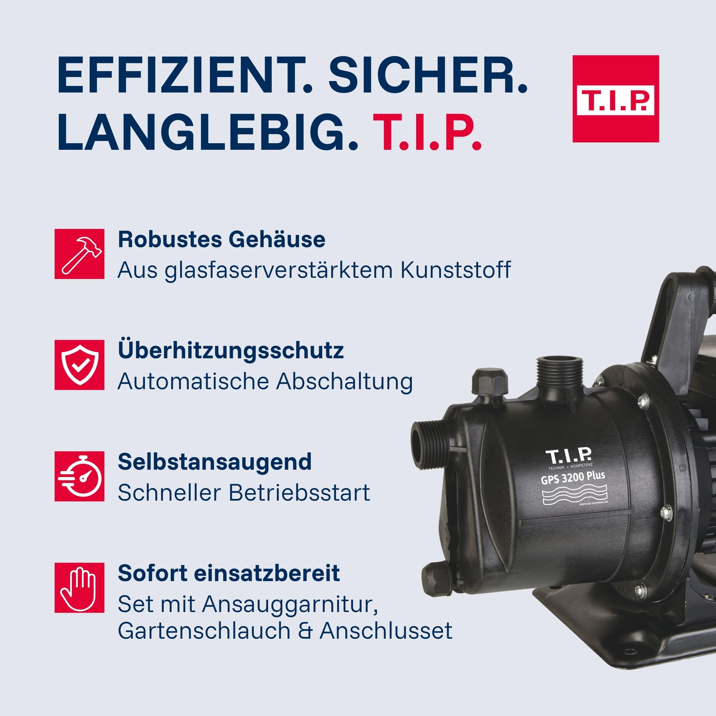 T.I.P. Gartenpumpe mit Bewässerungsset (3.200 l/h Fördermenge, 42 m Förderhöhe, 4,2 bar Druck, GFK, inkl. 20m Bewässerungsschlauch, 4m Saugschlauch, 3x Anschlussstück, 1x Spritze) GPS 3200 Plus, 30172