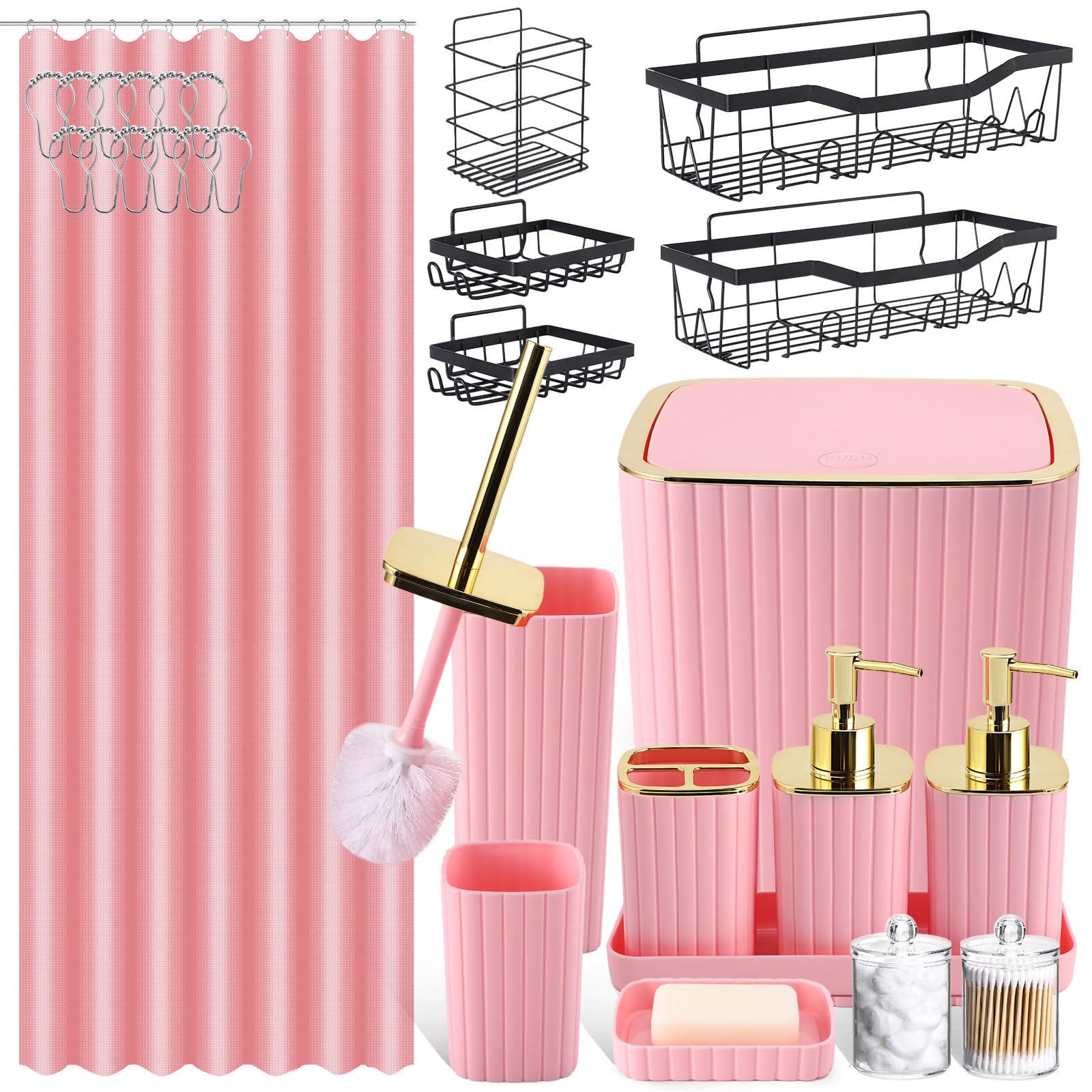 XLHOMO 28PC Bathroom Set - Gorgeous Pink Bathroom Set, Bathroom Accessory Set, Shower Curtain Set with 5PC Shower Storages
