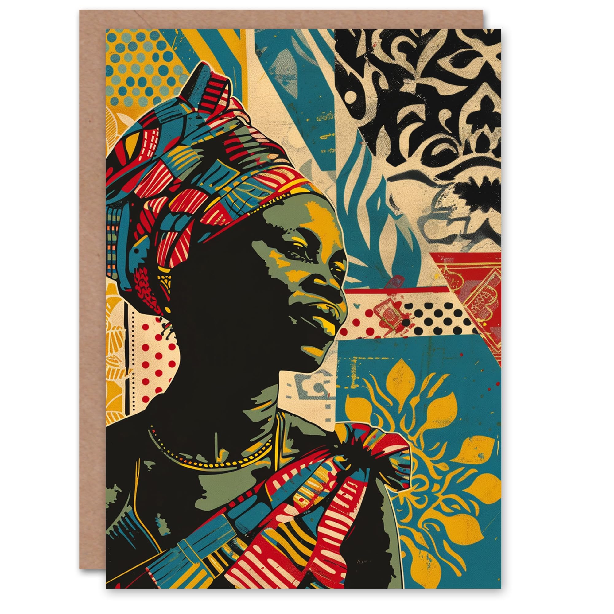 Artery8 Birthday Card African Woman Bold Pattern Collage Portrait For Her Gran Sister Niece Daughter Wife Woman Greeting Card