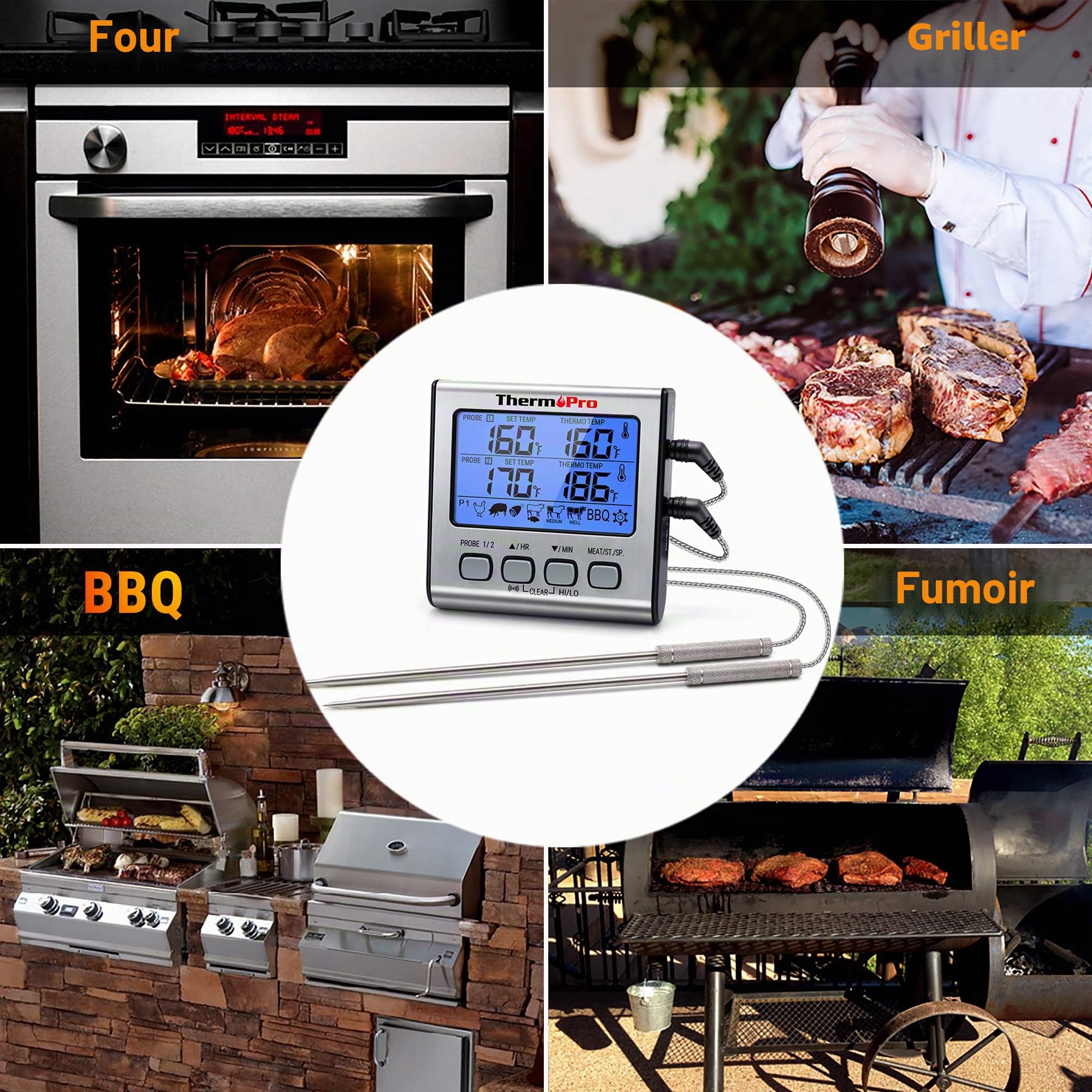 ThermoPro TP17 Thermomètre pour Viande Numérique Double Sonde Grand Écran LCD Rétroéclairé Cuisson Barbecue