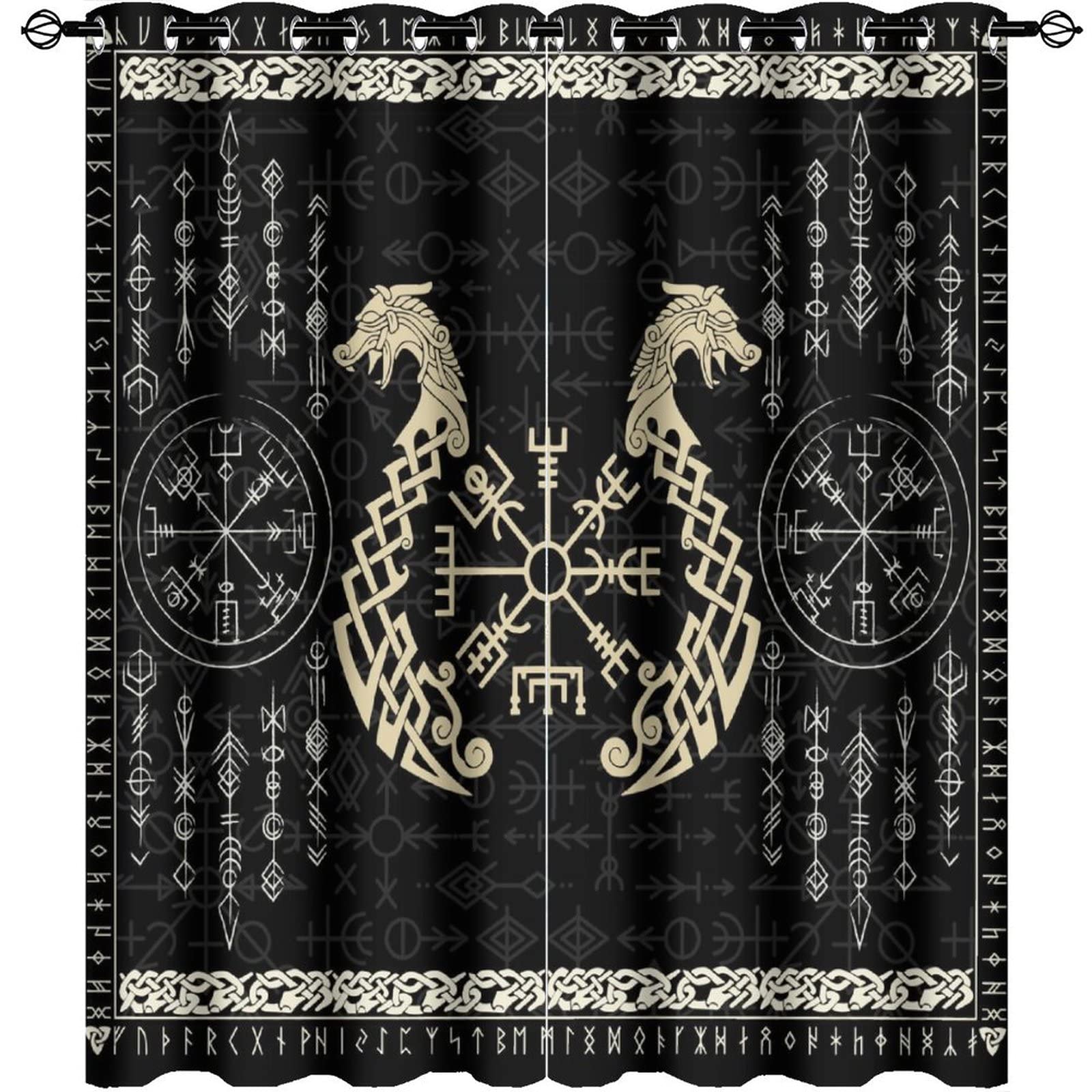 INSFBRB Norse Vikings Curtains for Bedroom - Abstract Dragon Retro Mystical Symbol Compass Window Treatment,Energy Saving Blackout Grommet Curtains 2