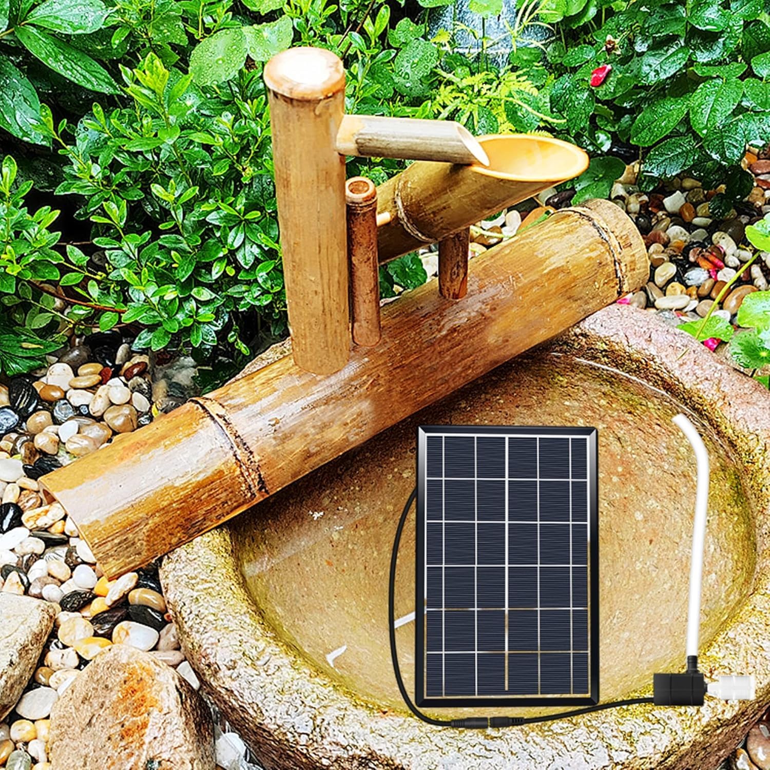 Japońska bambusowa fontanna solarna do użytku na zewnątrz, pompa i filtr 6 W, wąż 2 m, 61 cm, funkcja wody do ogrodu, podwórka, przyjazny dla środowiska system nawadniania