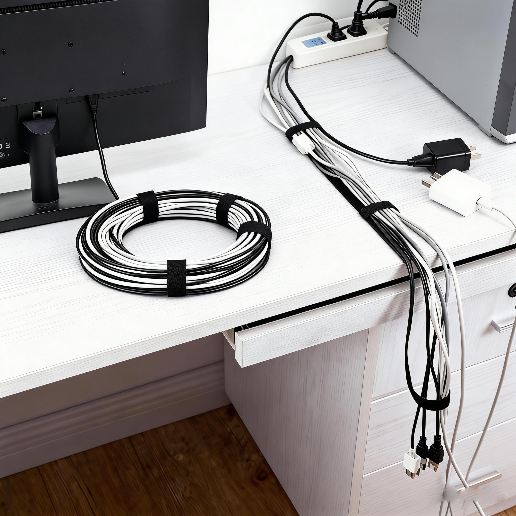 Lote de 5 rollos de tiras autoadherentes - 1,27 cm de ancho - Sujetadores de cable reutilizables negros - Correas de doble cara para la organización del hogar (22,9 m x 5 rollos)