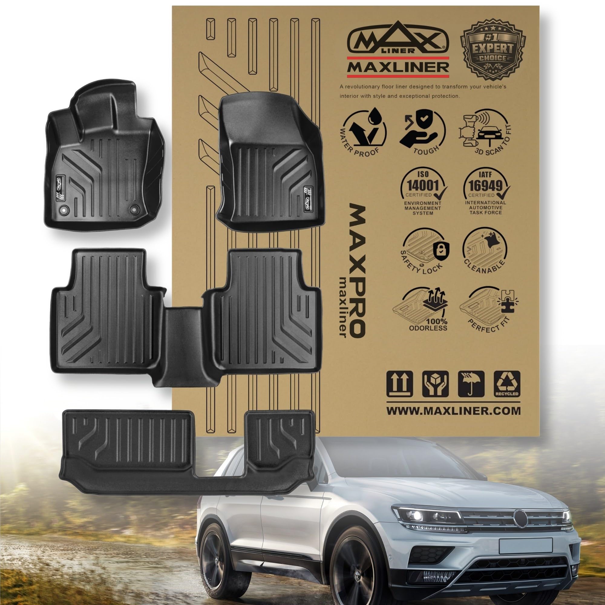 Premium MAXPRO All Weather Mats - Floor Mats for Volkswagen Tiguan 2019-2024 (3 Row Full Set) Custom Fit TPE Waterproof Floor Liners, Heavy Duty Car