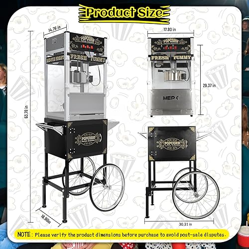 Miniatura 2 de Máquina vintage de palomitas de maíz con carro, hervidor de acero inoxidable de 20 onzas y luz de calentamiento, hace hasta 100 tazas, ideal para