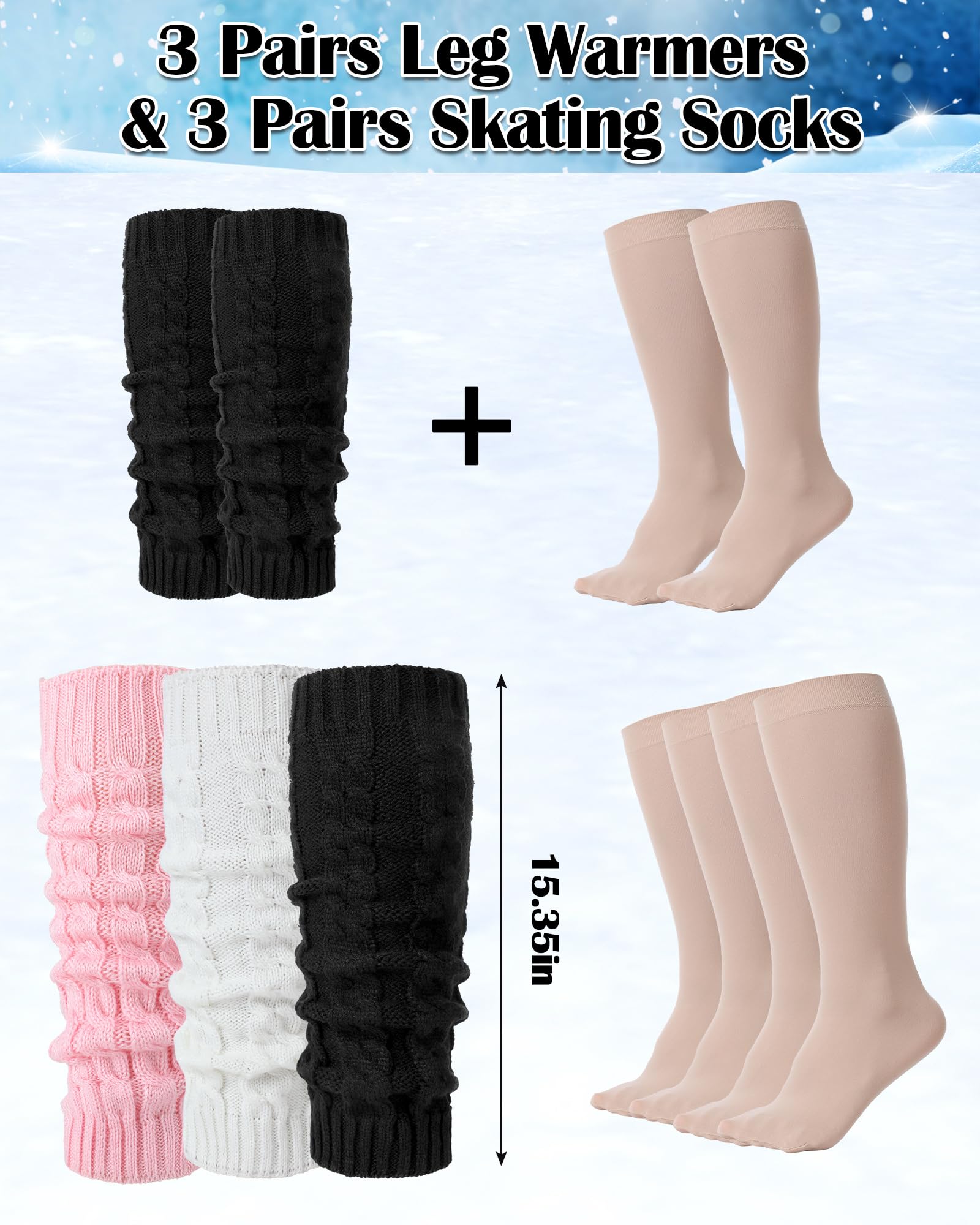 Chuarry Juego de 6 pares de calentadores de piernas para mujeres y niñas, calentadores de piernas largas de punto, calcetines de patinaje, calcetines de pantorrilla para patinaje artístico