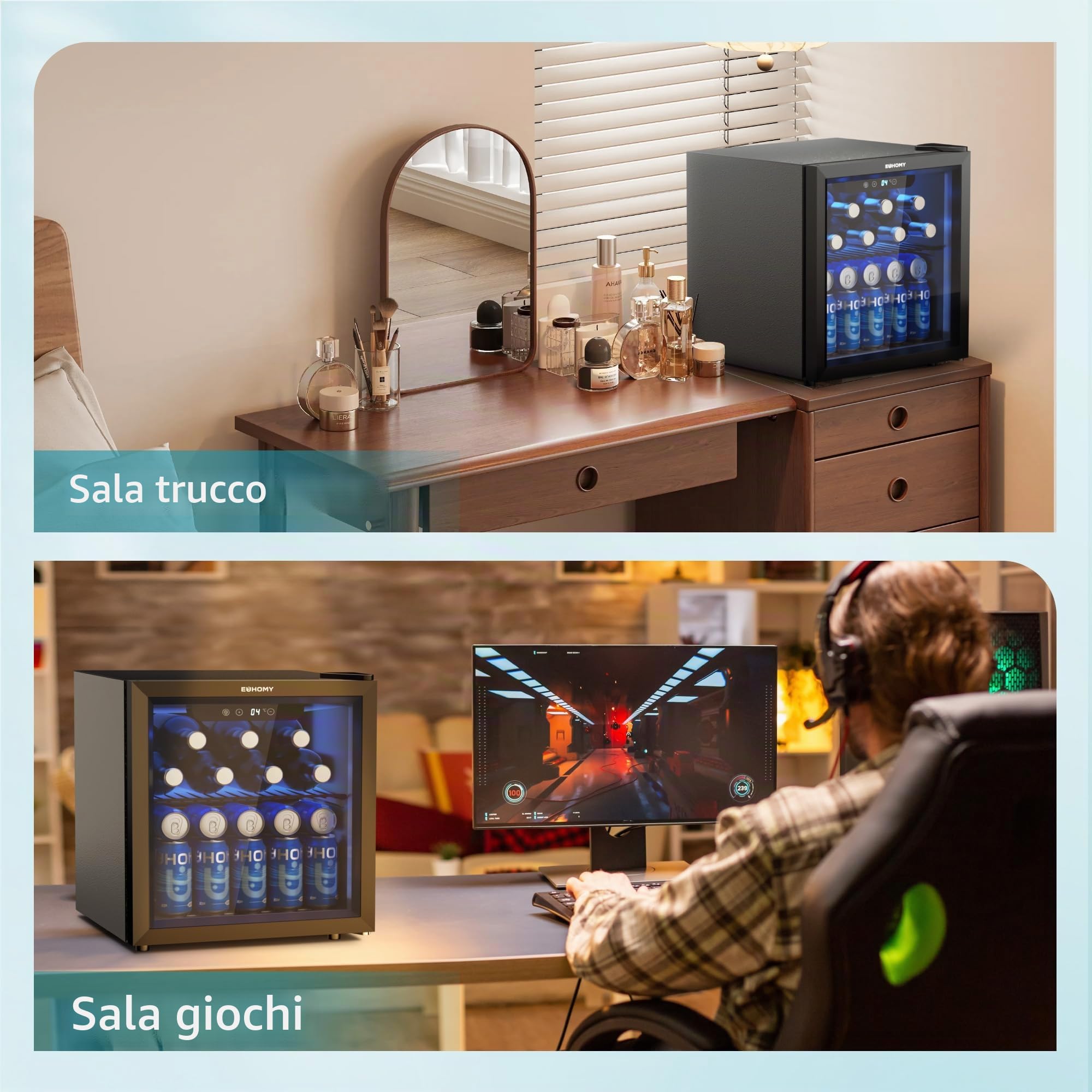 EUHOMY Frigorifero per Bevande 36L – Professional Mini Frigo per Bevande con Porta in Vetro, 2 Ripiani Regolabili, Capacità 55 Lattine, Porta Reversibile e Luce LED, per Ufficio, Camera, Bar – Nero
