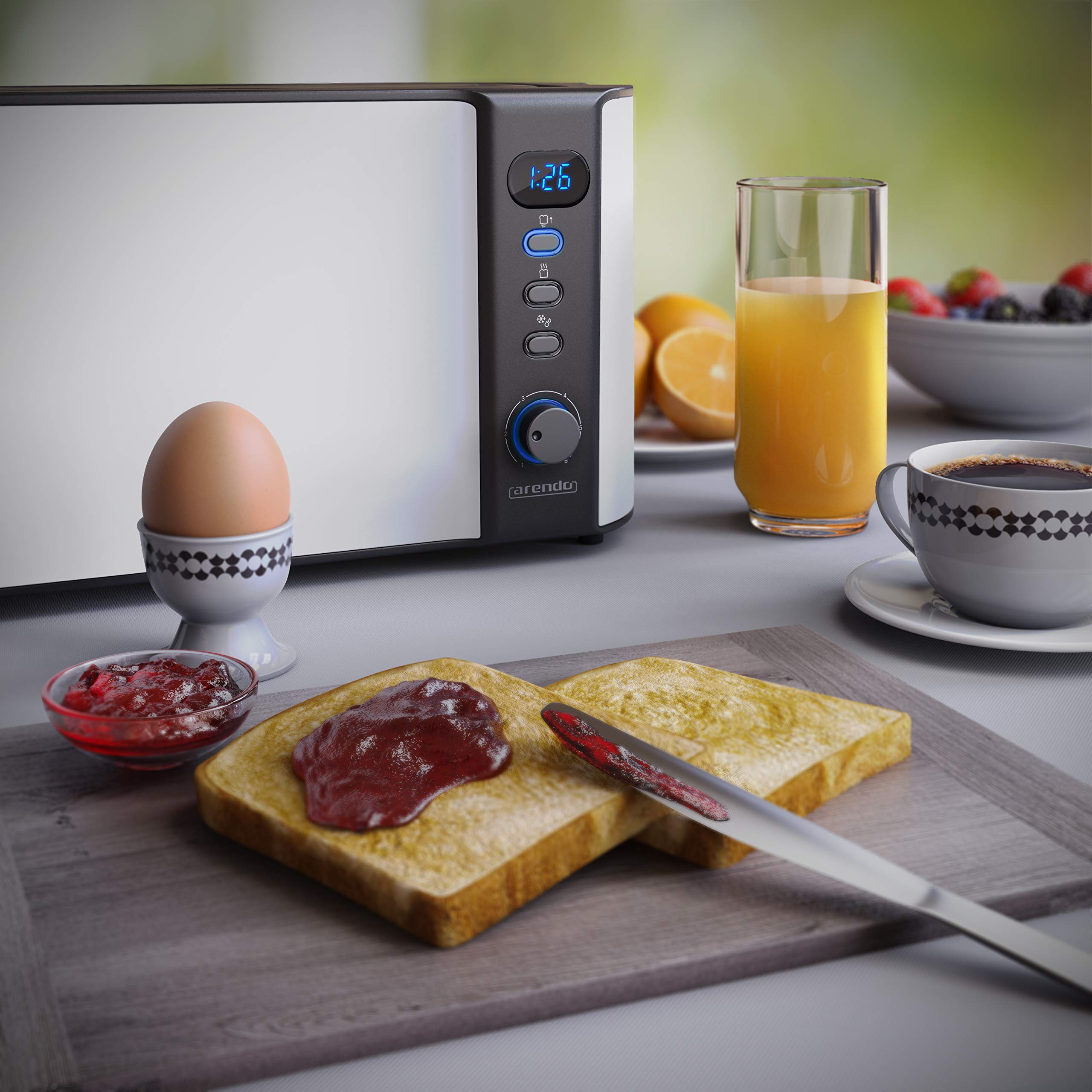 Arendo - Grille-Pain Longue fente affichage digital, Grille-pain automatique 3 en 1-1000W 6 niveaux réglable, fonction décongélation, réchauffe viennoiseries plateau à miettes,Toaster blanc mat