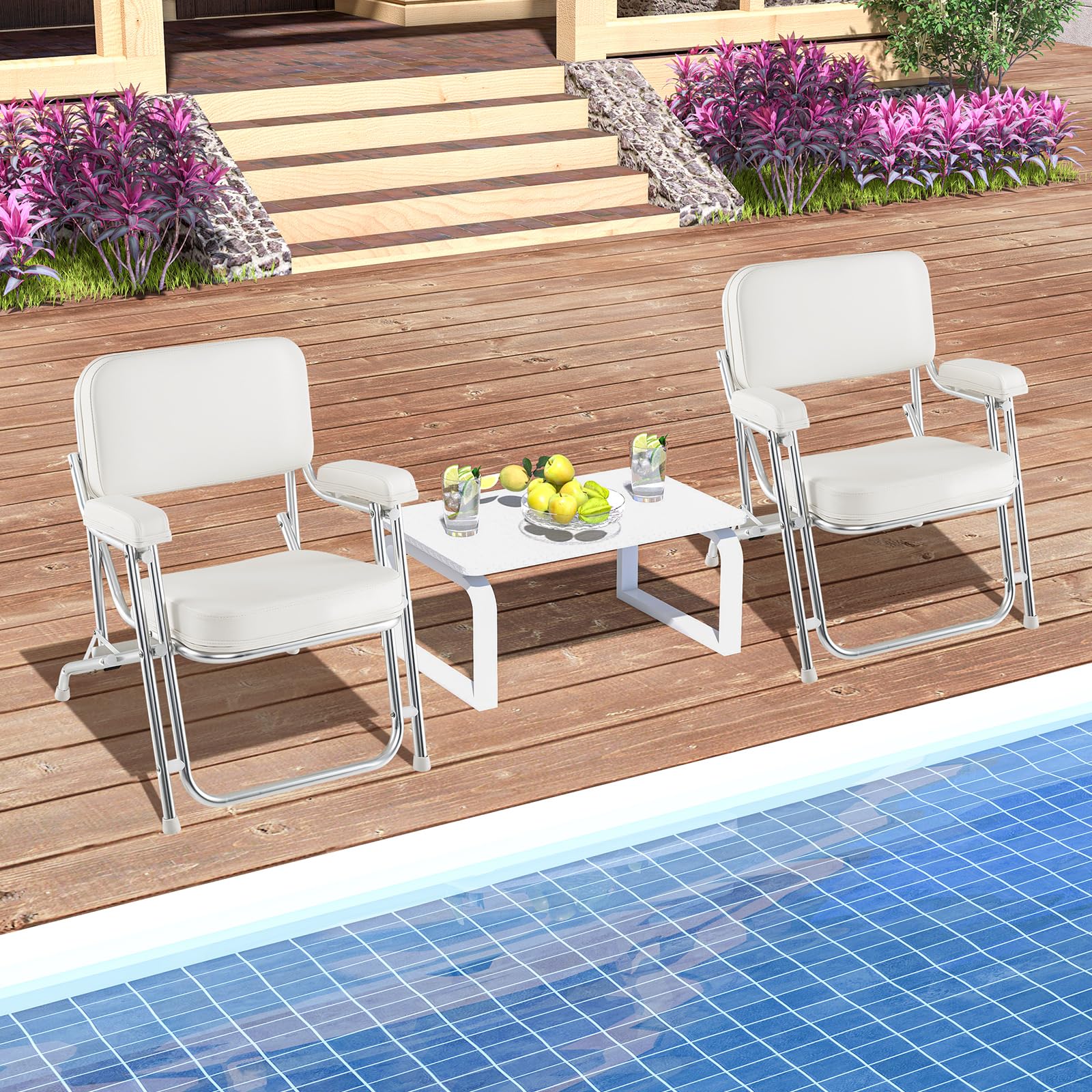 GYMAX Tumbona de Aluminio para Barcos, Silla de Banco Marino con Asiento Acolchado y Reposabrazos Acolchados, Silla Plegable Portátil para Barcos, Yates, Barcos