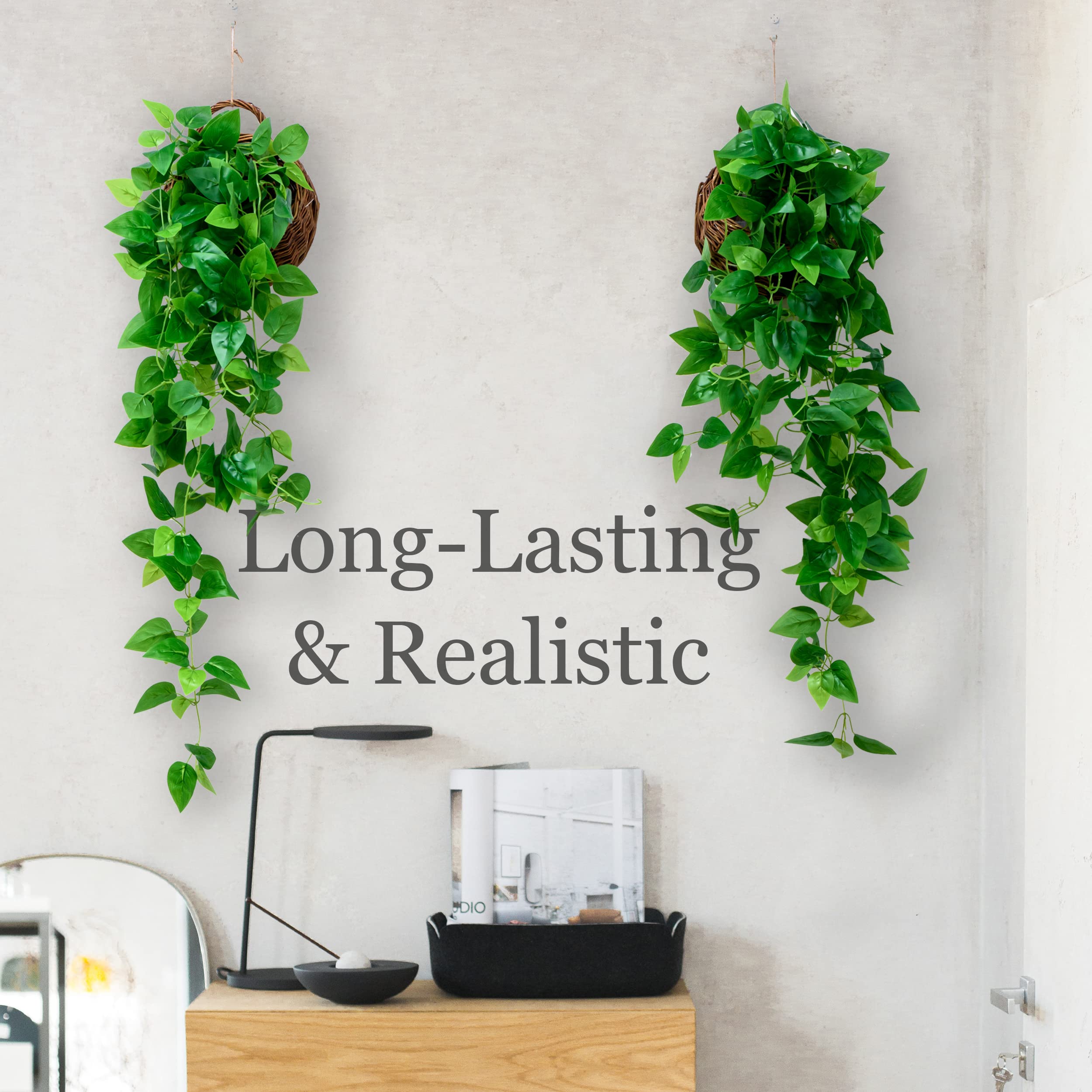 Tapeera Paquete de 2 Plantas Colgantes Falsas con decoración Artificial (con cestas) – Pothos de Hiedra Falsa, Decoraciones al Aire Libre para Patio, Plantas Colgantes Interiores, Vid Colgante