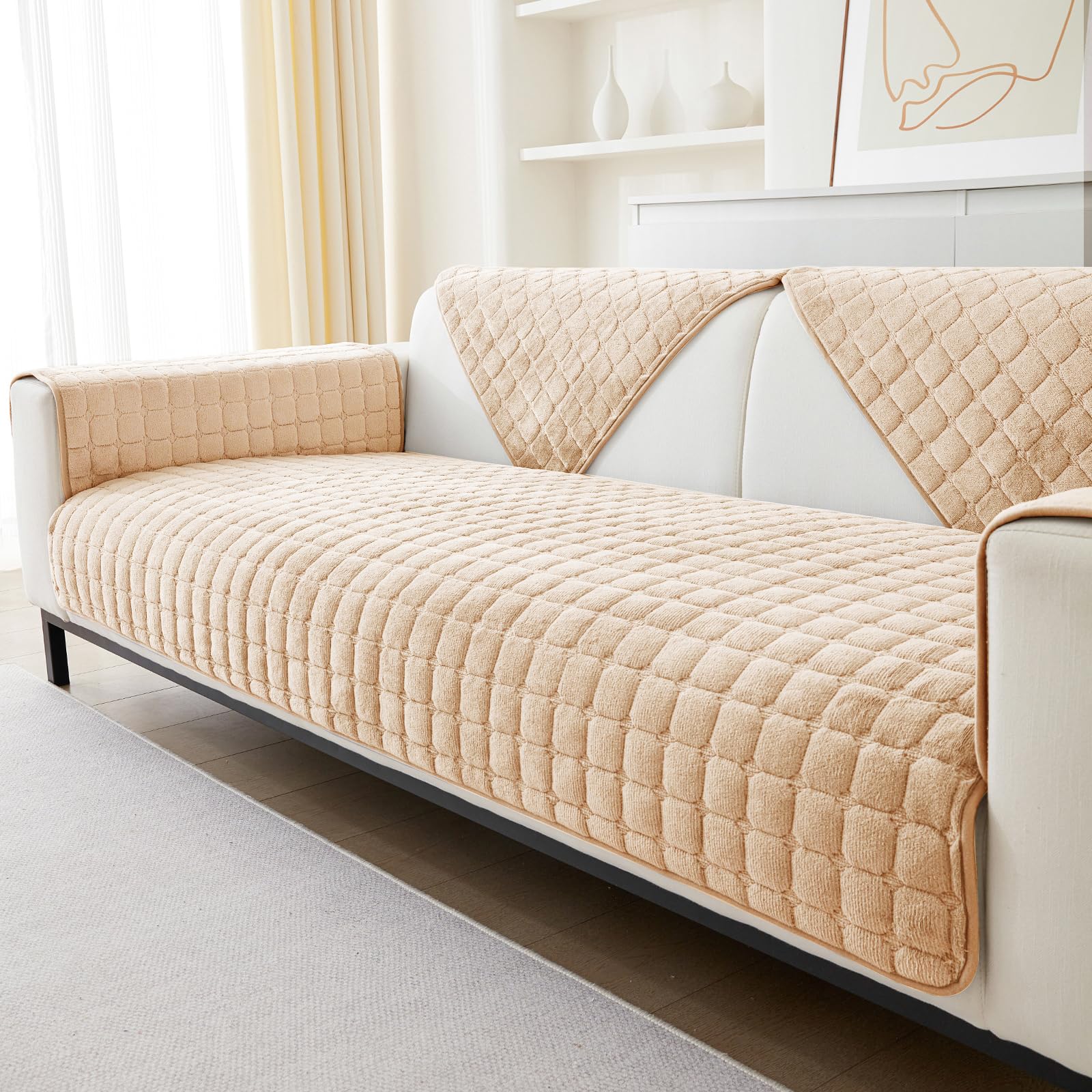 Soft Flannel Sofa Covers Washable - New Sofa Cushion Covers, Non-Slip Sofa Cover 1 2 3 Seater Couch Covers for Sectional Sofa, Sofa Slipcovers L Shape Furniture Protector (Light Camel, 90x240cm)