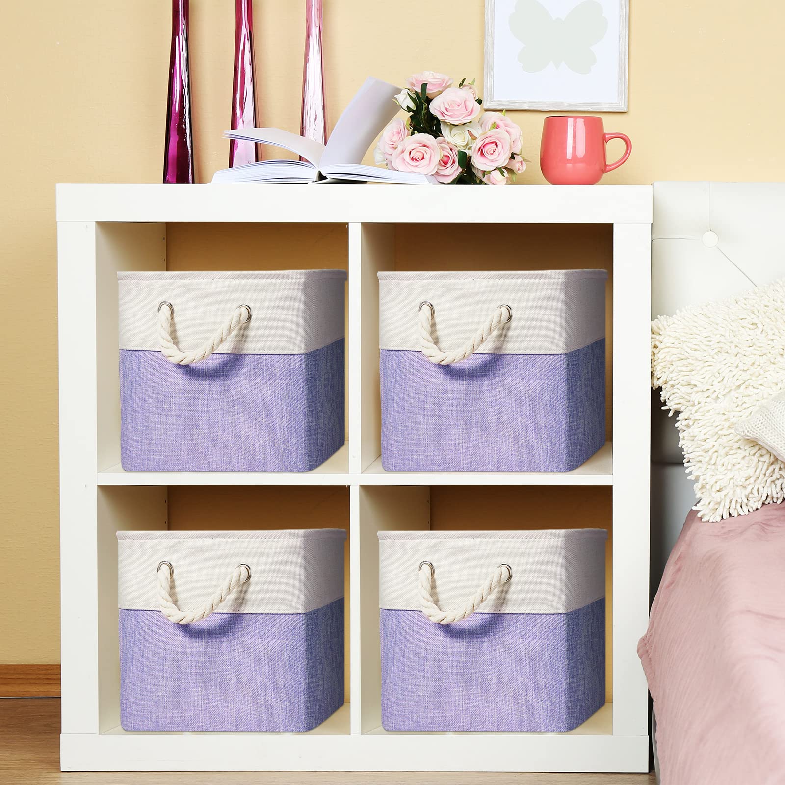 6 Stück, 33 × 33 cm Würfel-Aufbewahrungsboxen aus Stoff, faltbar, mit stabilen Tragegriffen, für Zuhause (Violett)
