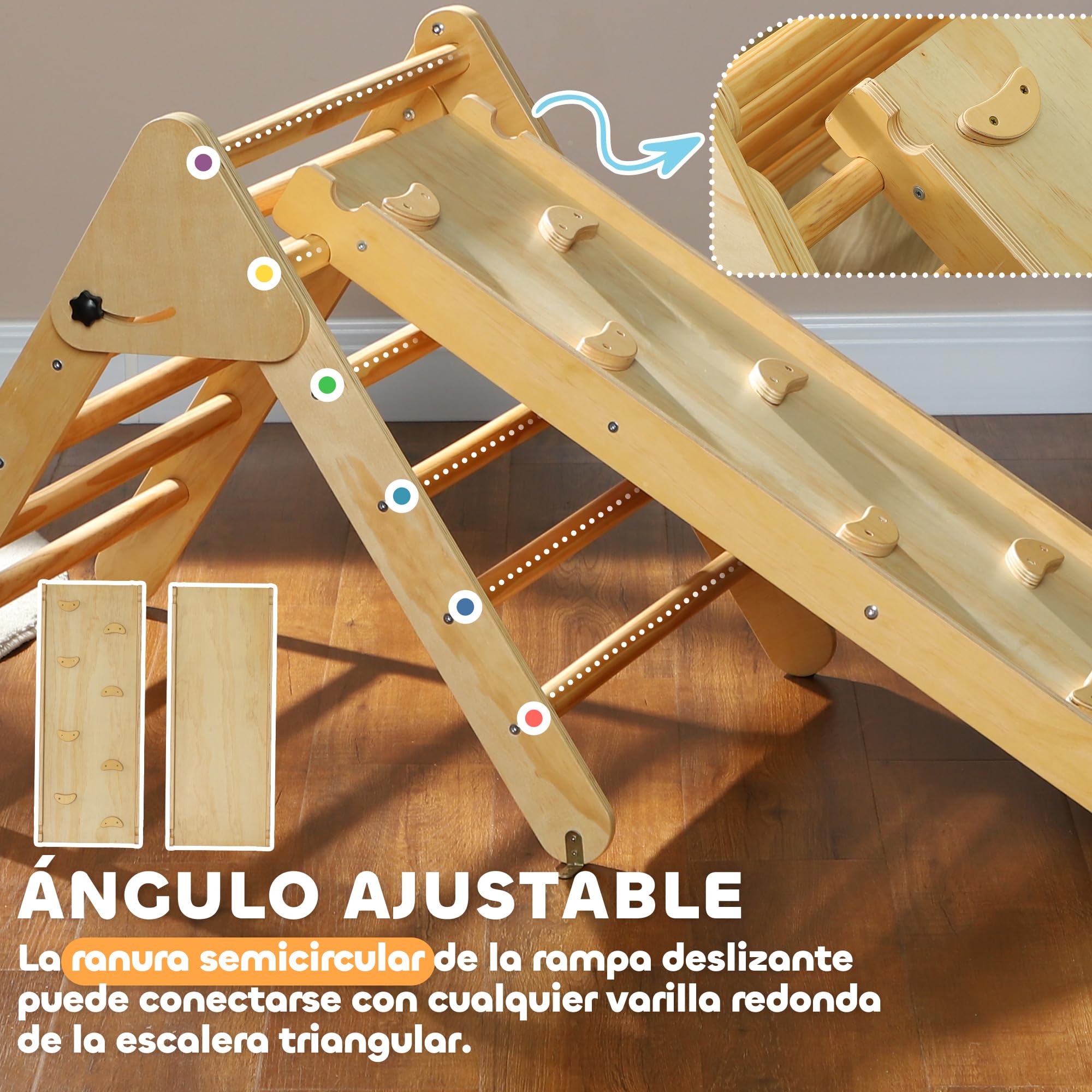AIYAPLAY 3 en 1 Triángulo de Escalada Montessori, Escalada para Niños de Madera Plegable, para18-48 Meses, con Rampa, para Deslizarse o Escalar, 147x64,5 cm, Natural