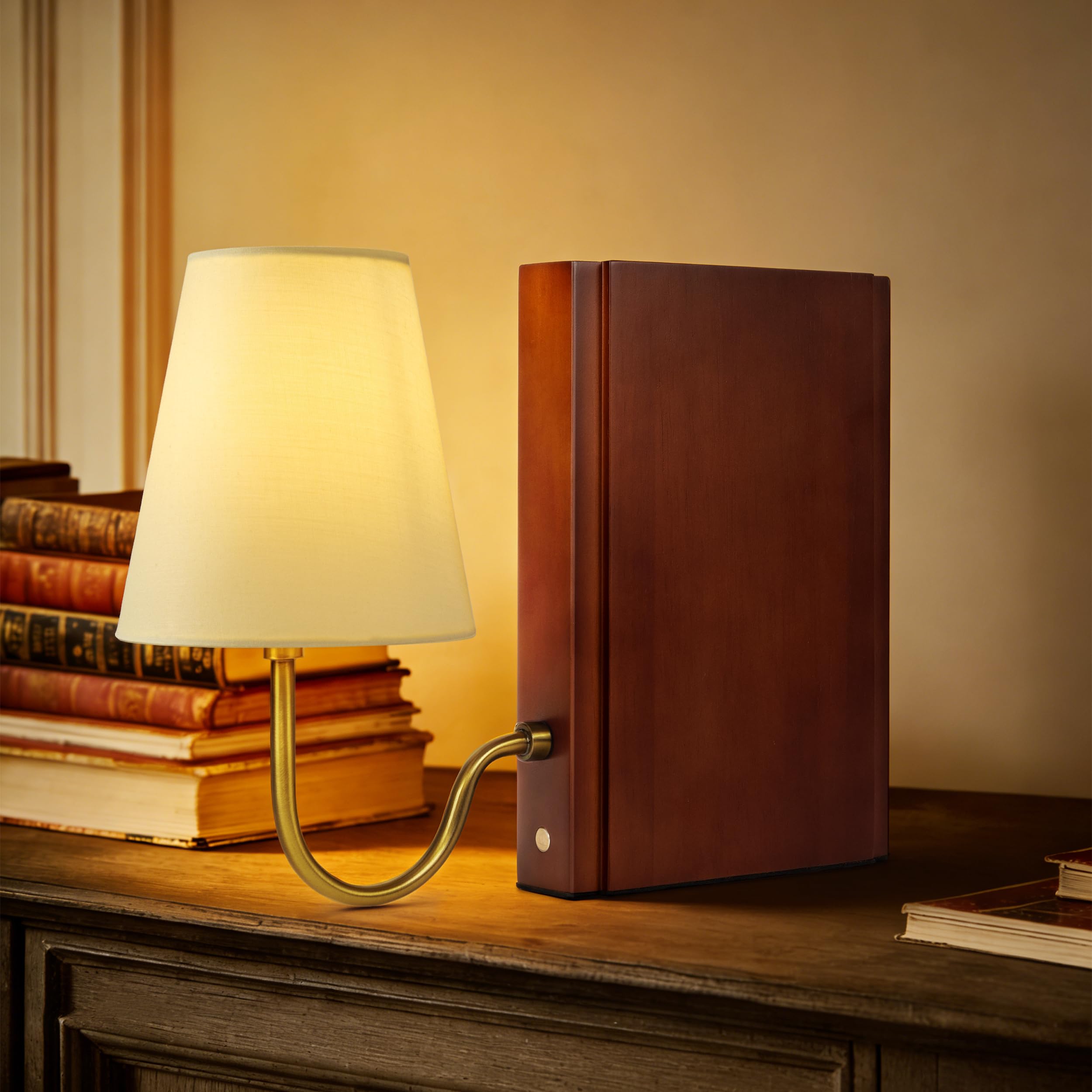 AELS Wooden Bookshelf Lamp with Bulb, Cordless Touch Dimmable Table Lamp with Linen Fabric Shade, Battery Operated, Modern Decorative Bookend, Book Sconce for Office Home Bedroom Bookshelf, Dark Brown