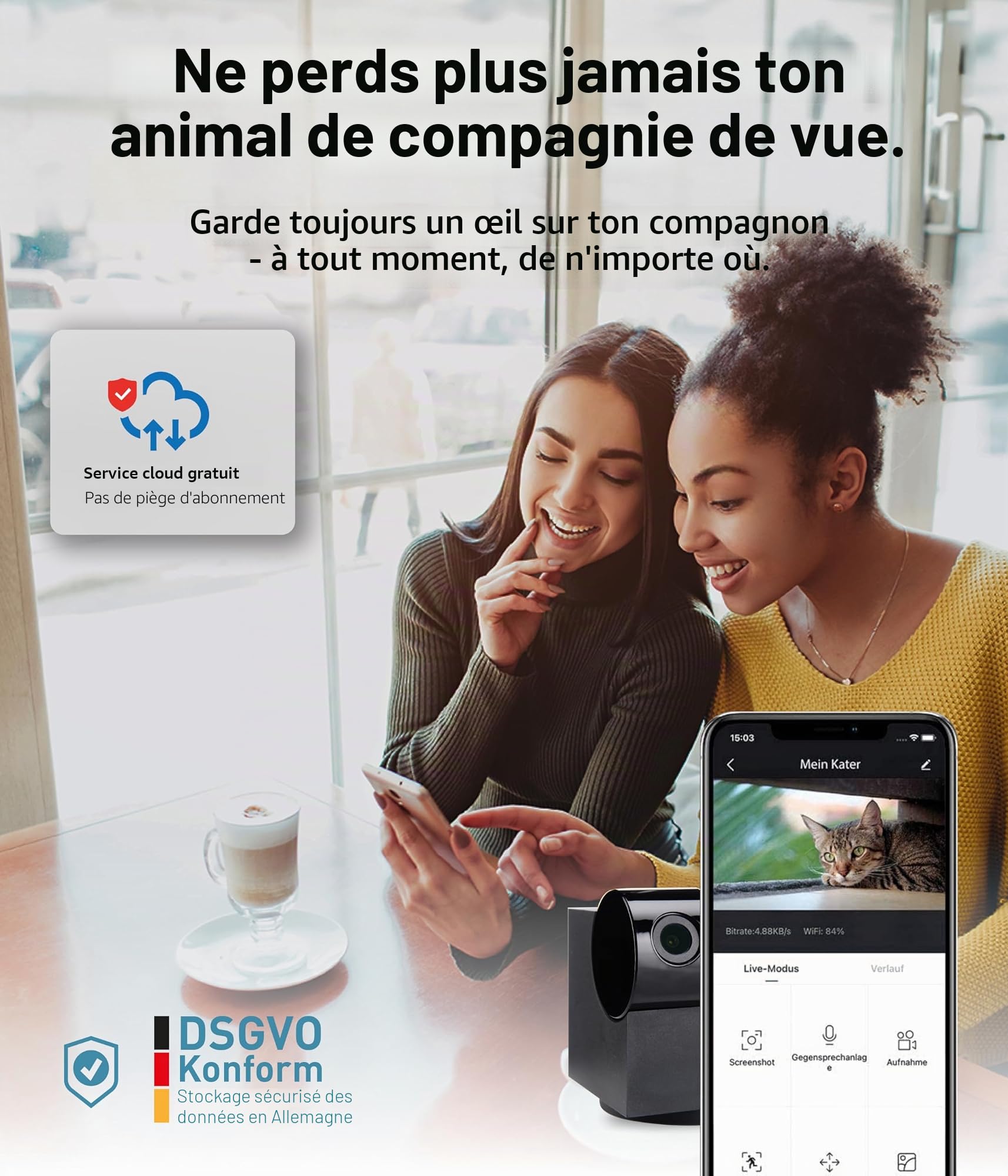 PetTec Cam Lite Lot de 2 - Camera Animaux Interieur, Caméra de Surveillance sans-Fil pour Chien/Animaux avec Appli, Détecteur Mouvement, Zoom, Haut-Parleurs, Vision Nocturne - Caméras WiFi Full HD