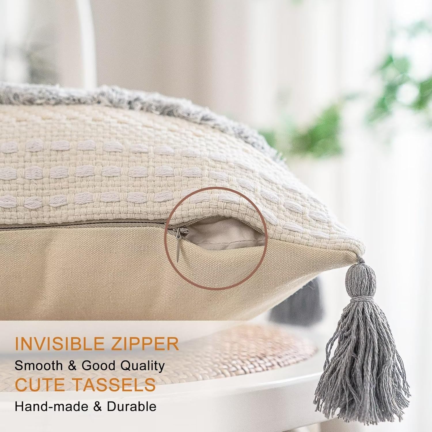 Boho Throw Pillow Covers 18x18 Set of 2 Woven Tufted Farmhouse Pillows Cover with Tassels Textured Striped Cushion Case Neutral Pillow Cases Decorative Pillowcase for Sofa, Couch, Bed, Light Grey - Image 3