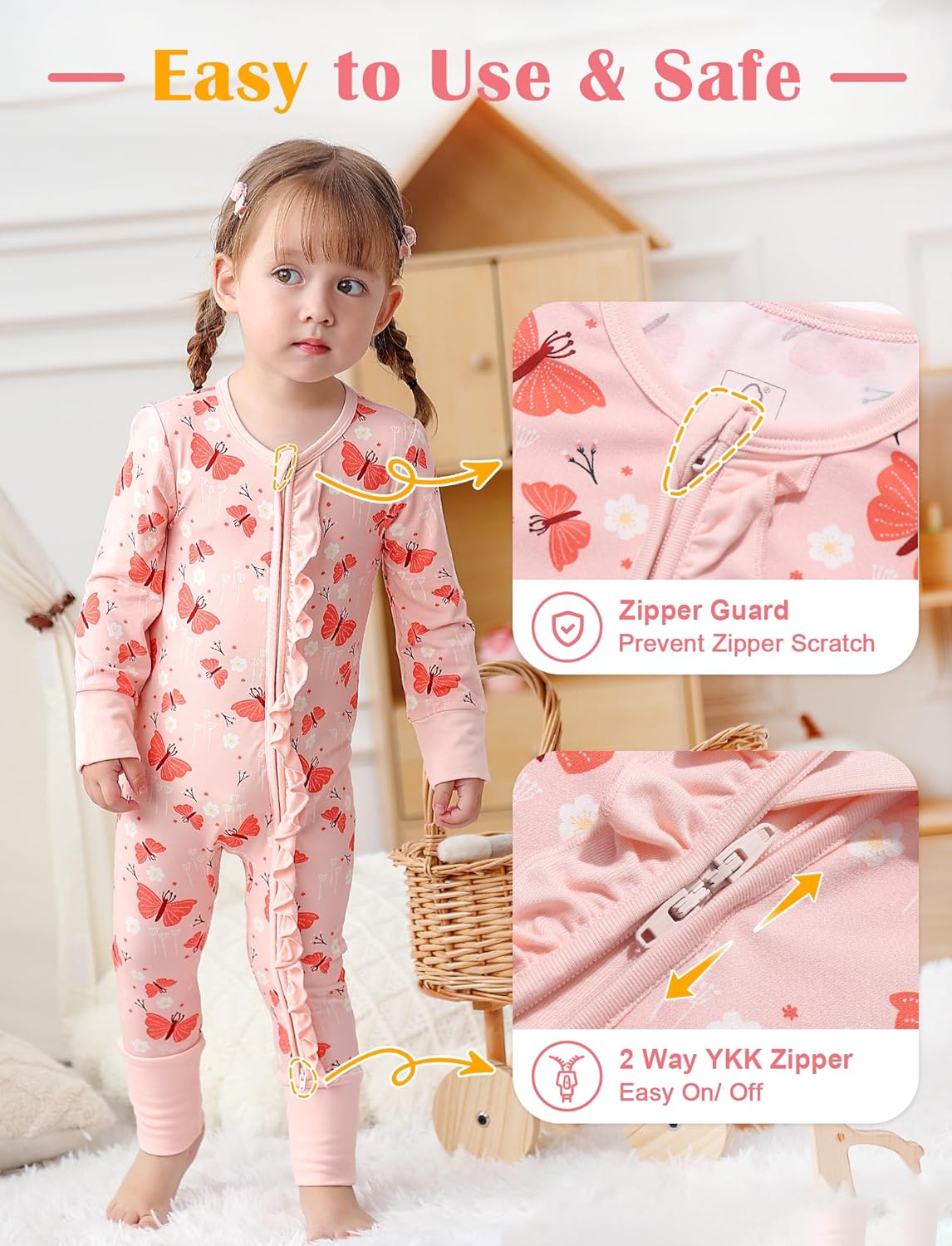 JunNeng Baby Girl Viscose from Bamboo Sleeper with Mitten Cuffs, 2 Way Zipper Romper, Sleep N' Play Pajamas 0-18 Months