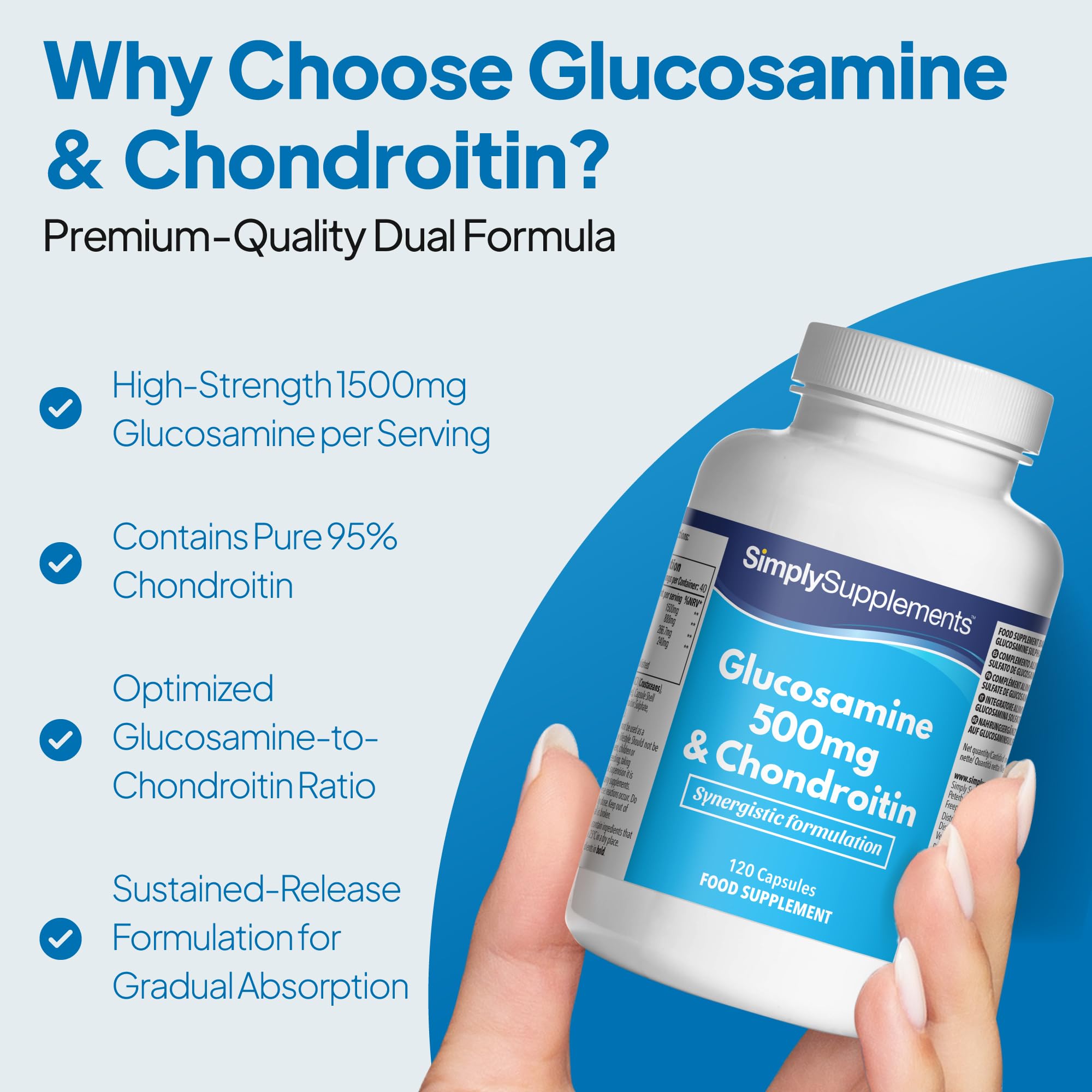 Glucosamine et Chondroïtine | 500mg de Glucosamine et 240mg de Chondroïtine par gélule | Testé par une tierce partie | Fabriqué au Royaume-Uni selon les BPF
