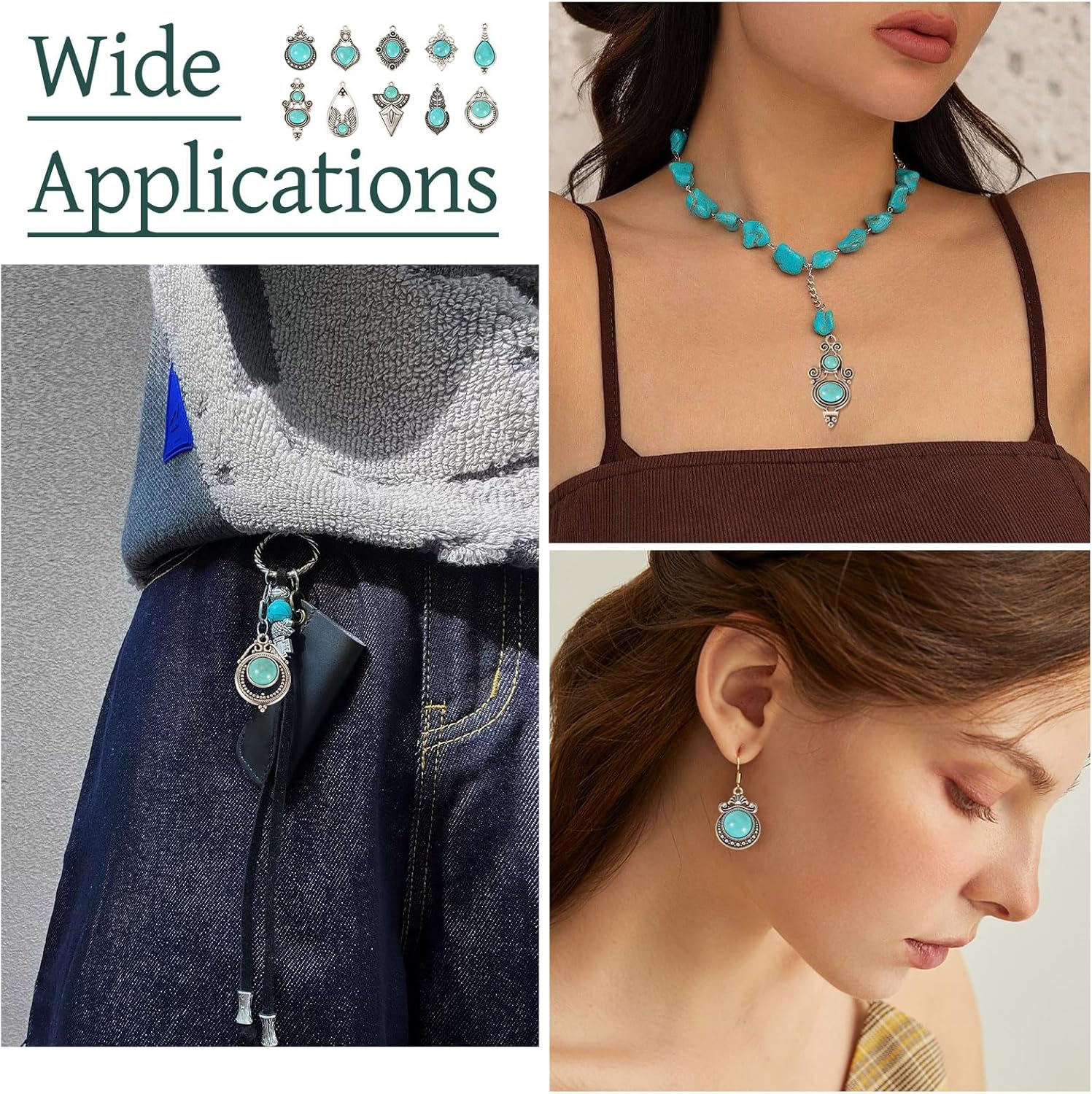 Craftdady Tibetan Turquoise Necklace Pendants Cattle Head Flower Rhombus Oval Teardrop Heart Flat Round Earring Charms Alloy Vintage Turquoise Bracelet Keychain Charms for DIY Jewelry Making - Image 3