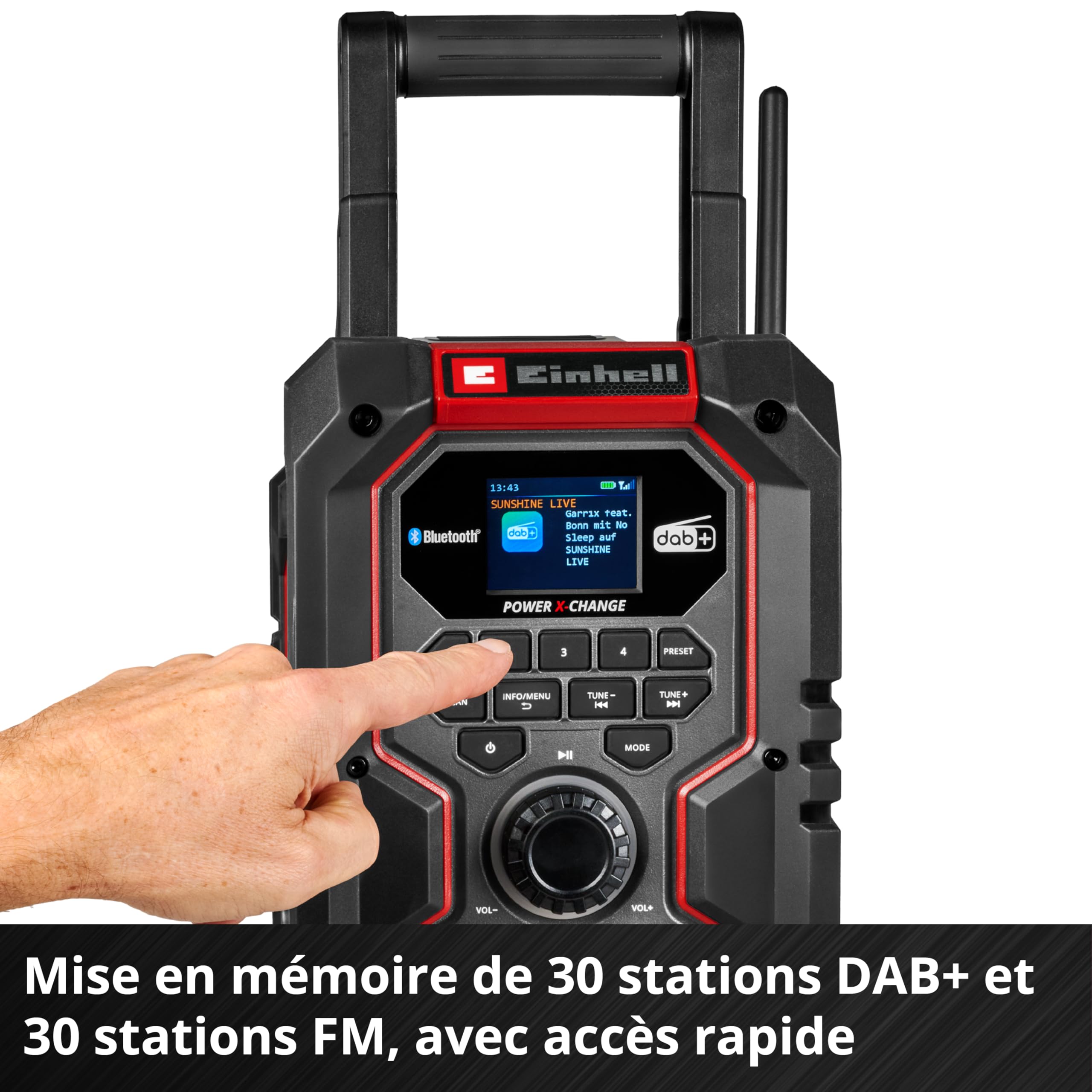 Radio de Chantier sans Fil Einhell Te-CR 18 Li Dab+/FM/BT-Solo | PXC | 18 V | DAB+ | FM | Bluetooth | AUX | USB | recherche automatique des stations | écran couleur TFT | IP65