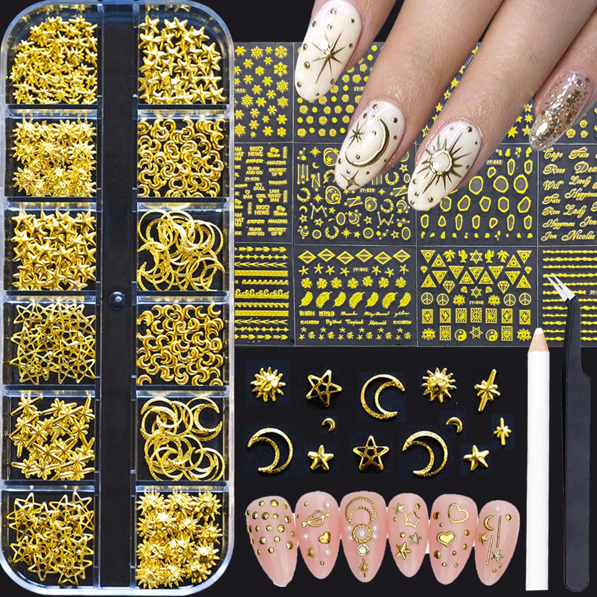 3D Nail Charms Nail Art Kit with 30 Sheets Gold Nail Stickers 12 Boxs of Star Moon Nail Art Metal Charms Nail Art Designs Nail Supplies Gold Nail