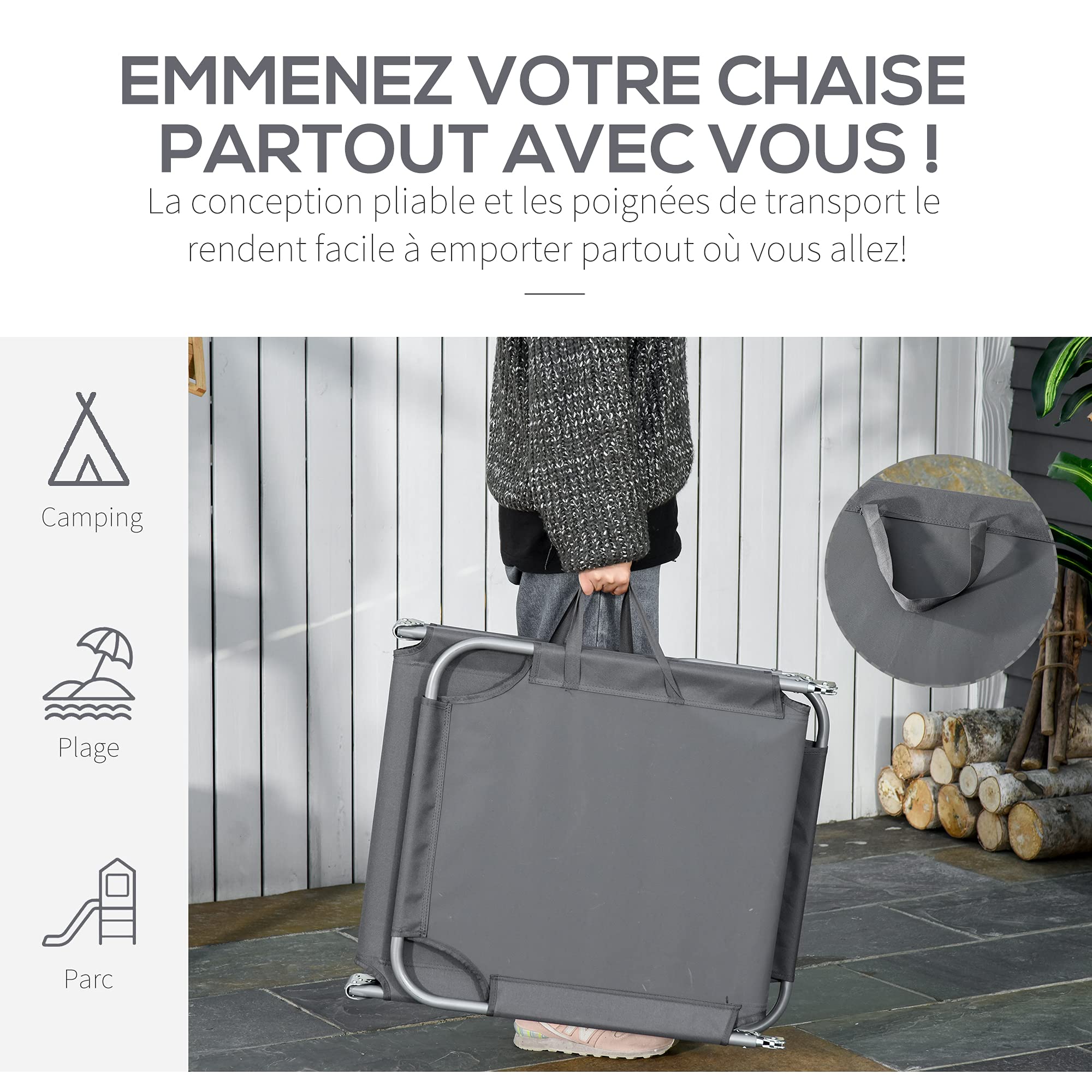 Outsunny Bain de Soleil transat Pliable Dossier réglable Multipositions métal et Polyester Gris