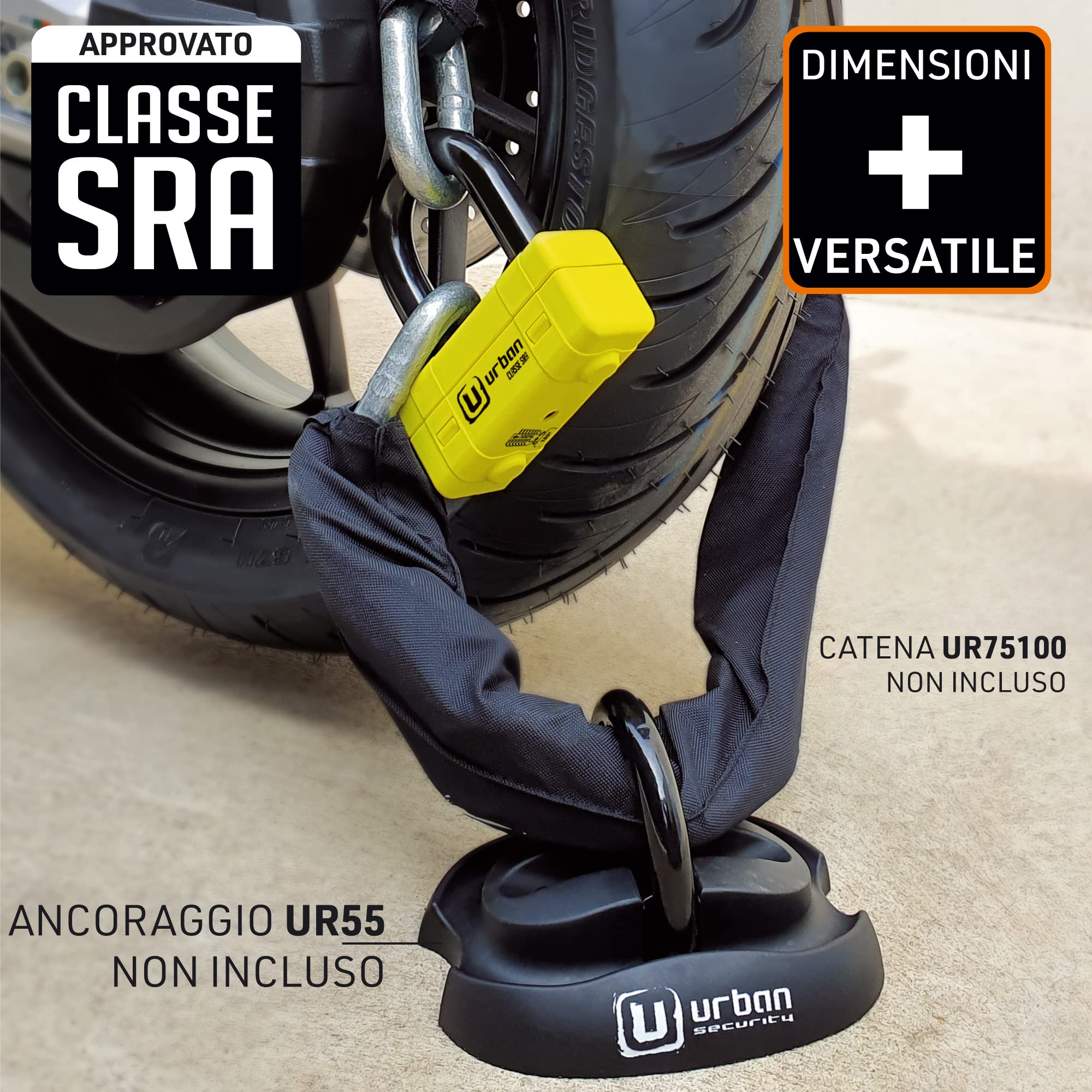 URBAN UR75 Antifurto Bloccadisco Moto Mini U Testato Massima Sicurezza, Omologato SRA, Arco in Acciaio Cementato ø18 con Doppia Chiusura, Più Versatile e Deterrente, Cavo Promemoria, Lucchetto Moto