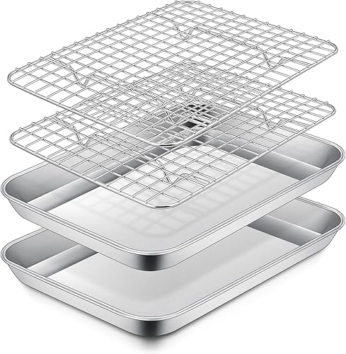 P&P CHEF - Juego de sartenes para horno tostador de 10.4 pulgadas con estantes, bandeja para horno pequeña de acero inoxidable y estante de