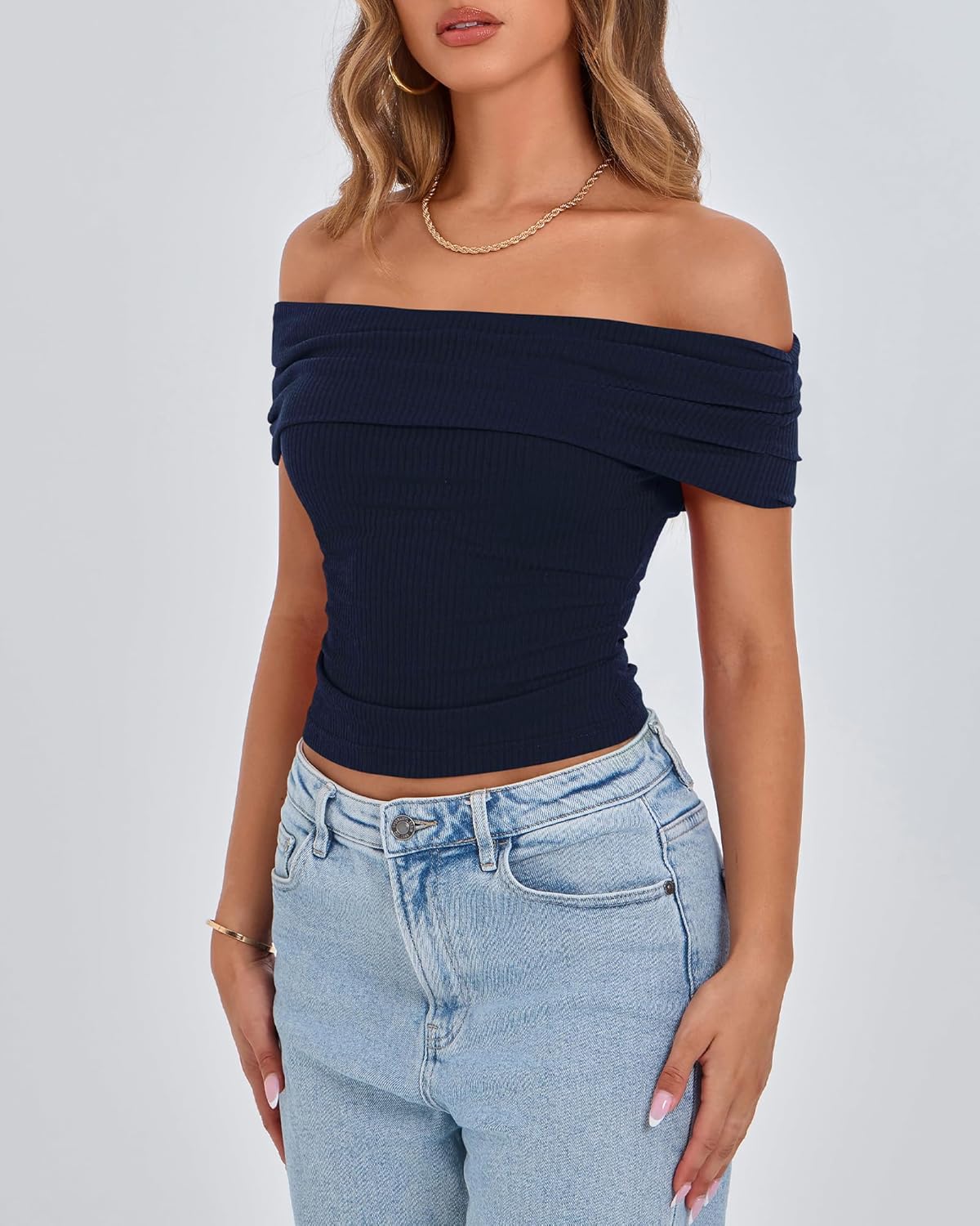 BTFBM Fall Tops for Women 2025 Off The Shoulder Summer Top Short Sleeve Shirts Rib Knit Slim Fit Going Out Y2K Clothes - Image 8