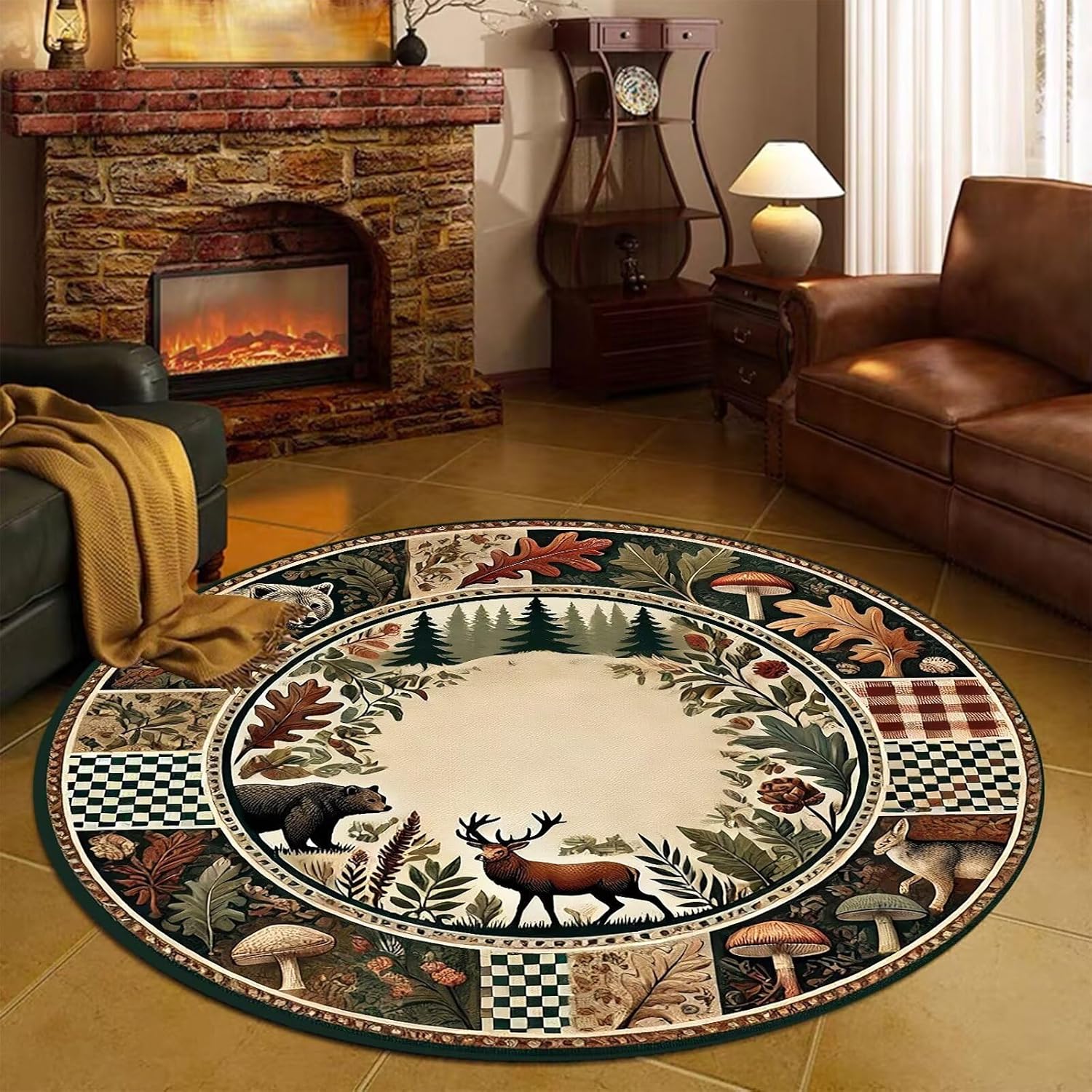 Qmkmyy Round Lodge Cabin Bear Deer Area Rugs 2ft Woodland