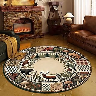 Rustic Wildlife Bear Deer Round Area Rug 6ft Woodland Mushroom Lodge Cabin Rugs Farmhouse Cicular Floor Mat for Living Dining Room