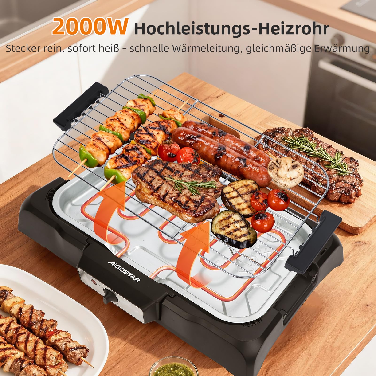 Aigostar Rauchfreier Tischgrill Barbecue Elektrogrill Elektrischer BBQ Grill 2000 Watt Antihaftbeschichtete 984 cm² Grillfläche, Abnehmbarer Fettauffangschale, Thermostat, Schwarz