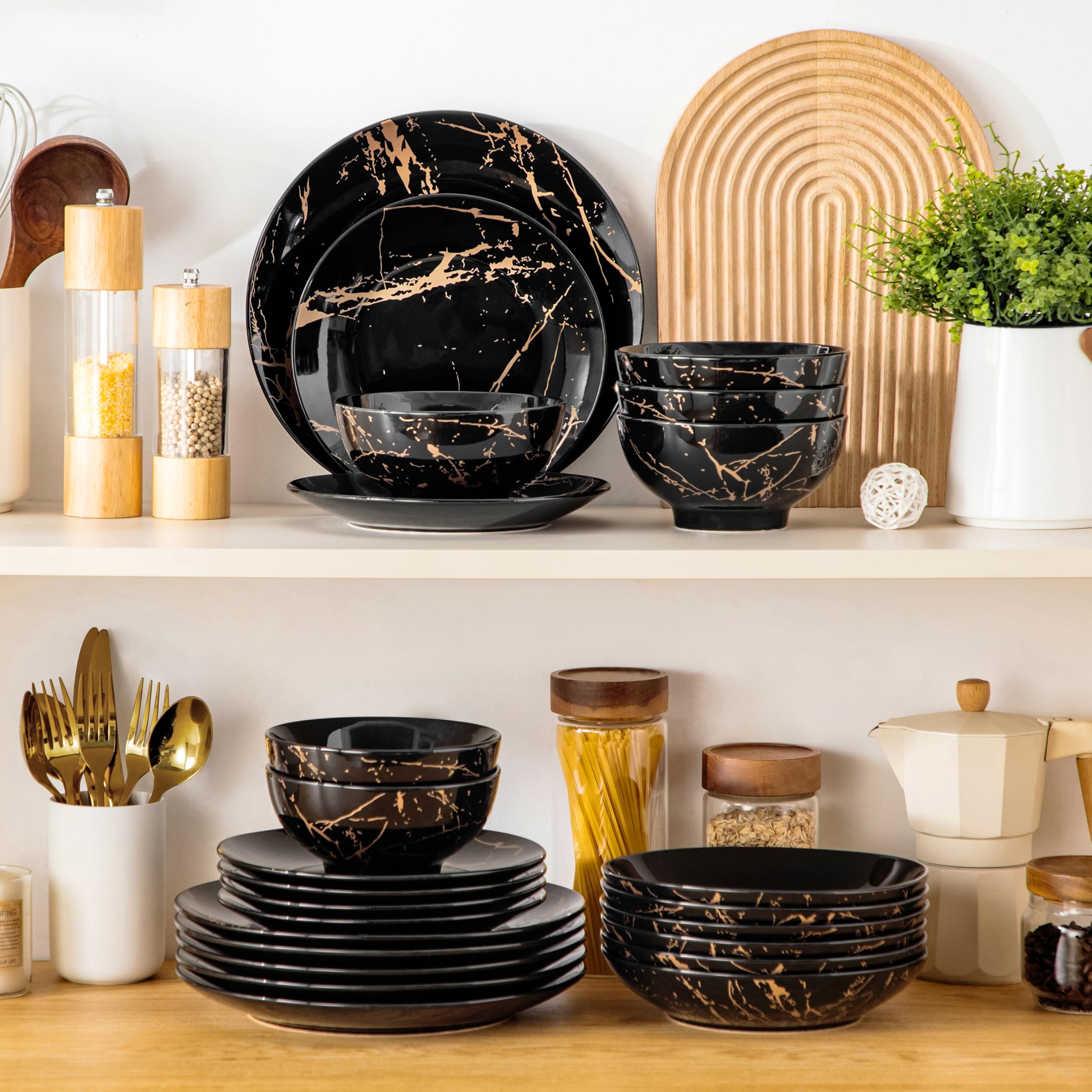 LOVECASA Tafelservice porzellan, Serie Daphne, SWEET 24-teiliges Kombiservice Set, Ess Geschirrset mit Goldspritzer Design, Speiseteller, Dessertteller, Müslischalen und Suppenteller für 6 Personen