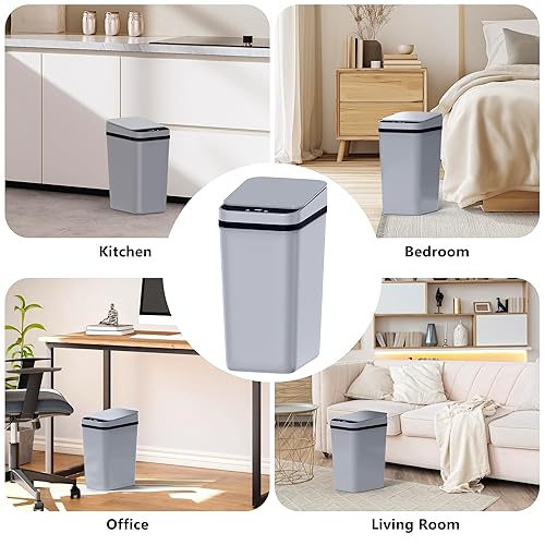 Miniatura 7 de Paquete de 3 cubos de basura pequeños para baño con tapa, 2.6 galones, sin contacto, automático, delgado, impermeable, sensor de movimiento, cubo de