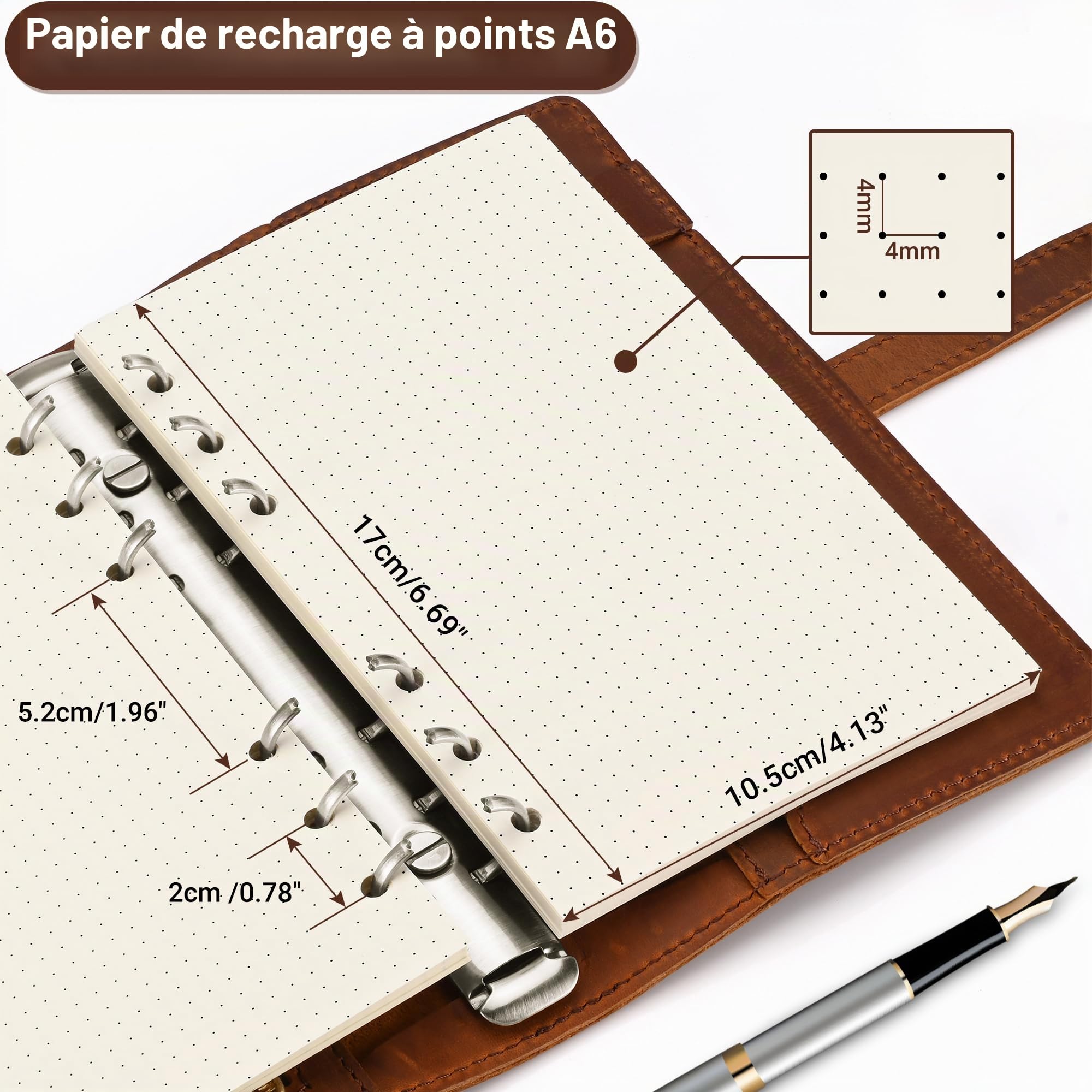 Lot de 2 paquets de papier quadrillé A6, 100 g/m² d'épaisseur, perforé à 6 trous, recharge de papier à pois A6 pour agenda/classeurs/organiseur, 80 feuilles (160 pages), 17 x 10,5 cm, beige