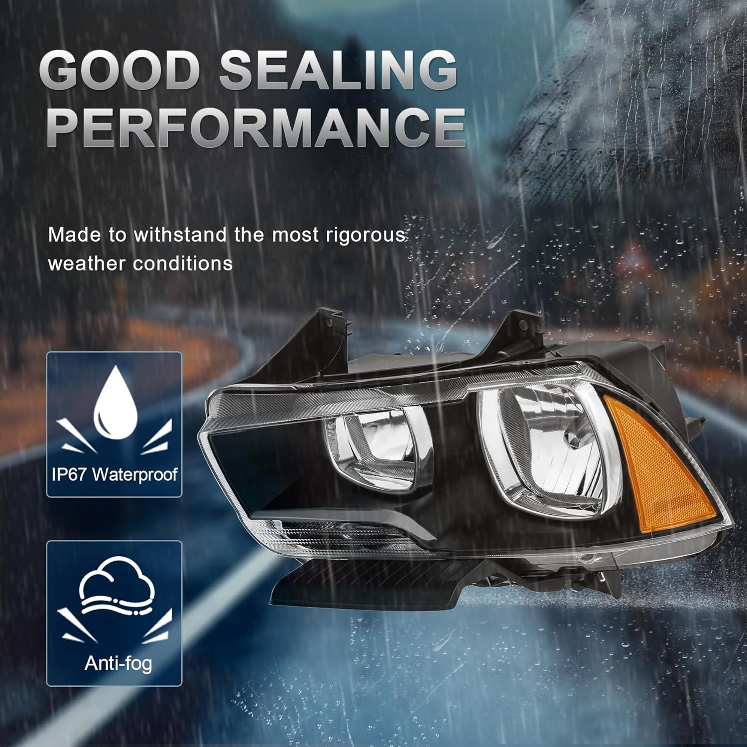 Halogen Headlights Assembly Compatible for 2011-2014 Dodge Charger Black Housing Amber Reflector