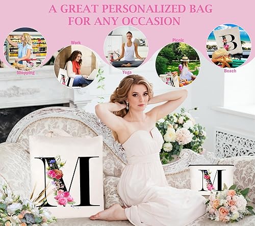 Miniatura 5 de Andeiltech - Bolsa de lona con inicial floral, personalizada, bolsa de maquillaje con monograma, regalo para damas de honor, cumpleaños, boda