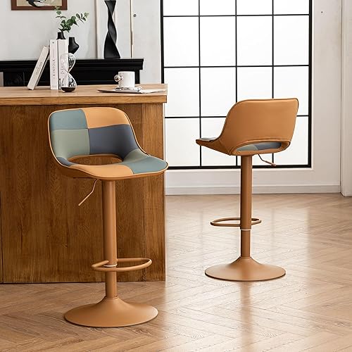 Miniatura 8 de YOUNIKE Juego de 2 taburetes de bar bohemios coloridos de retazos, taburete de bar giratorio ajustable de altura de mostrador, taburete de bar