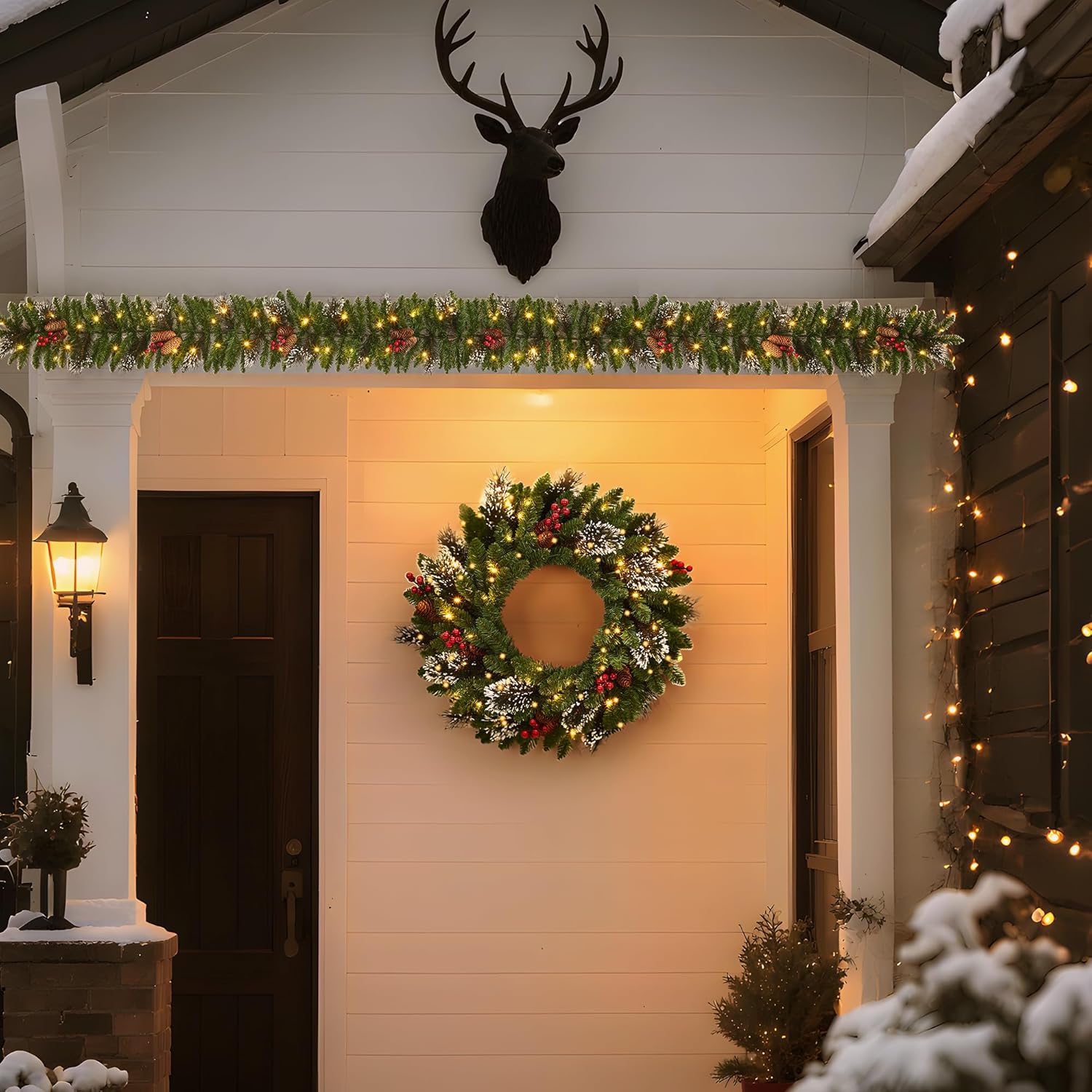 Christmas Wreath Set of 6 – Complete Pre-Lit LED Outdoor & Indoor Holiday Decor Kit with Warm White Battery-Operated Lights, Flame Retardant PVC, for Front Door, Garage Door, and More