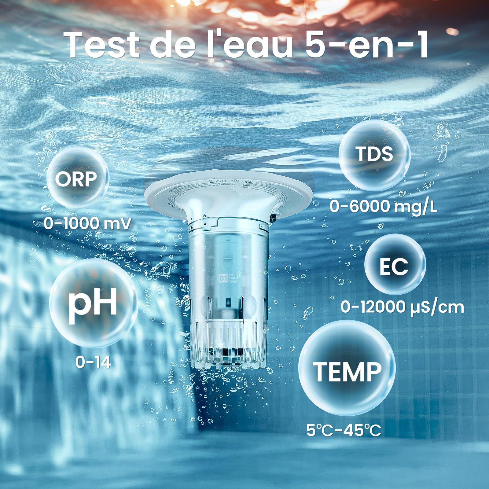 AIPER HydroComm Analyseur d'eau de Piscine Connecté, 5-en-1 Testeur pH, ORP, EC, TDS & Température, Surveillance Numérique 24/7, Application Mobile avec Conseils Personnalisés, Solaire + Batterie